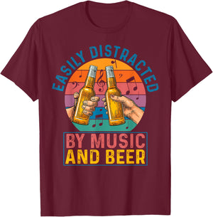 Easily Distracted By Music & Beer Retro Vintage Lover Gift T-Shirt - T-Shirt | Maroon