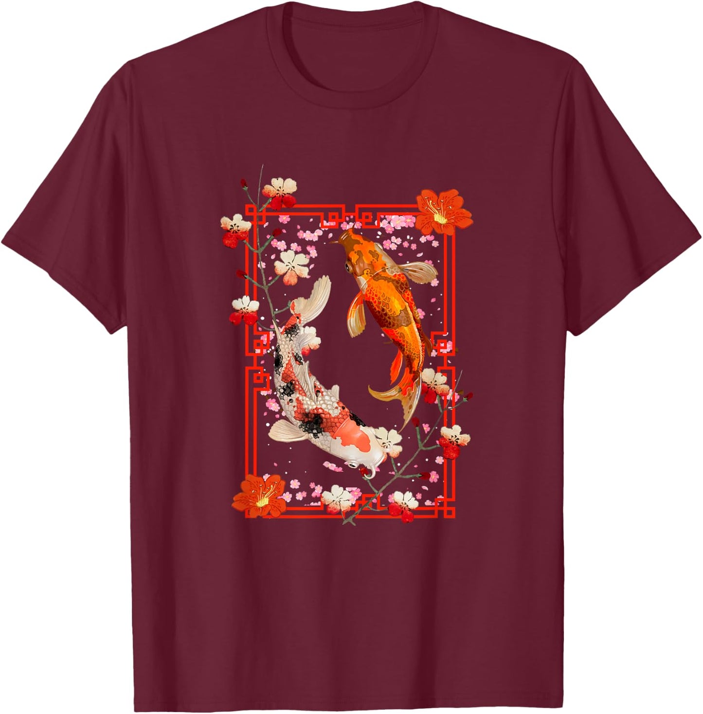 Koi Fish Coi Carp Nishikigoi Fish Japanese Cherry Blossom T-Shirt - T-Shirt | Maroon