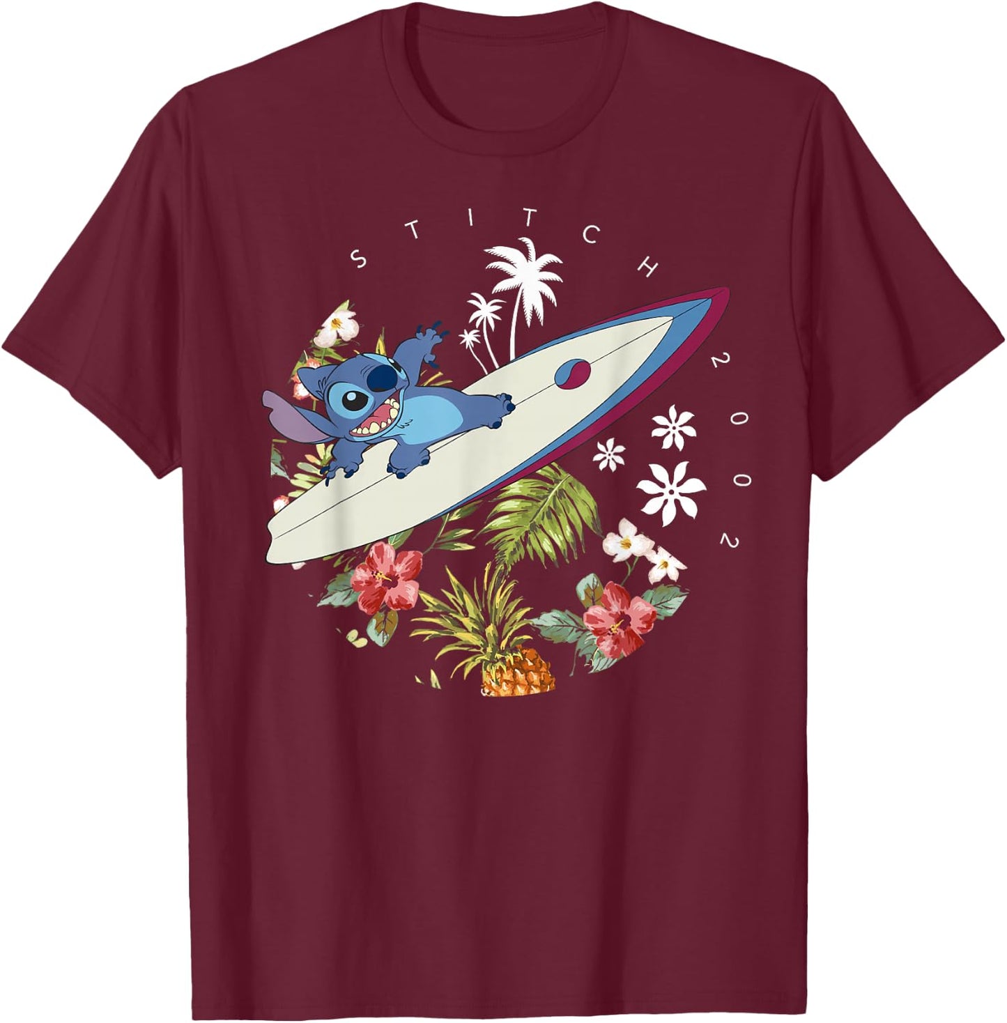 Disney Lilo & Stitch Surfing Stitch 2002 T-Shirt - T-Shirt | Maroon