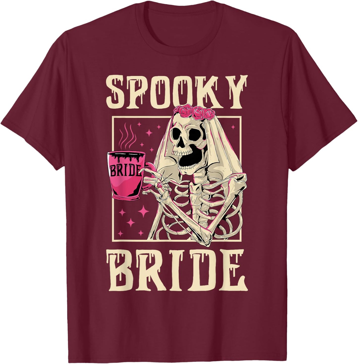 Skeleton Spooky Bride Wedding Bachelorette Halloween Party T-Shirt - T-Shirt | Maroon