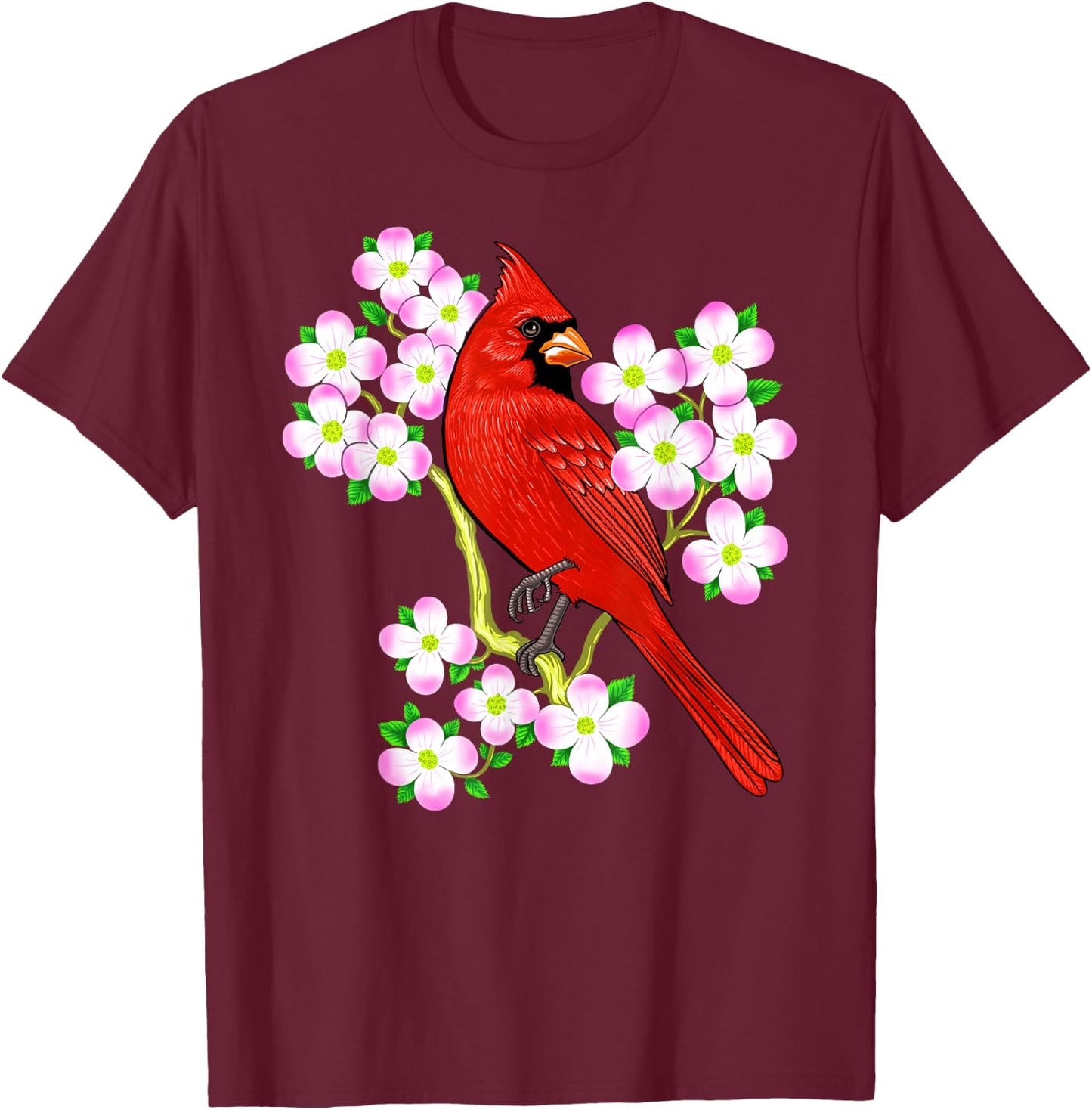 Red Cardinal Bird Dogwood Flower North Carolina Virginia T-Shirt - T-Shirt | Maroon