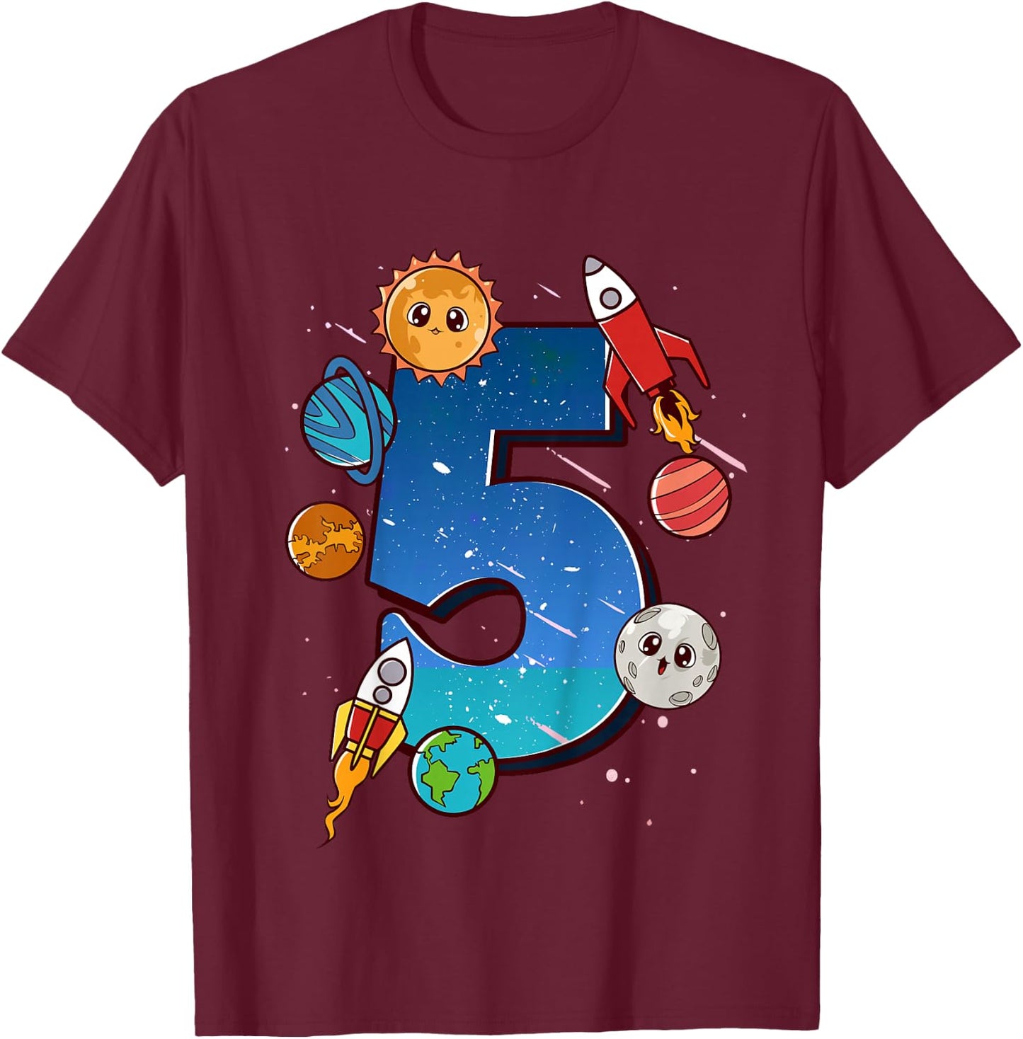 Boys 5th Birthday Party Outfit 5 Years Old Space Planets T-Shirt - T-Shirt | Maroon