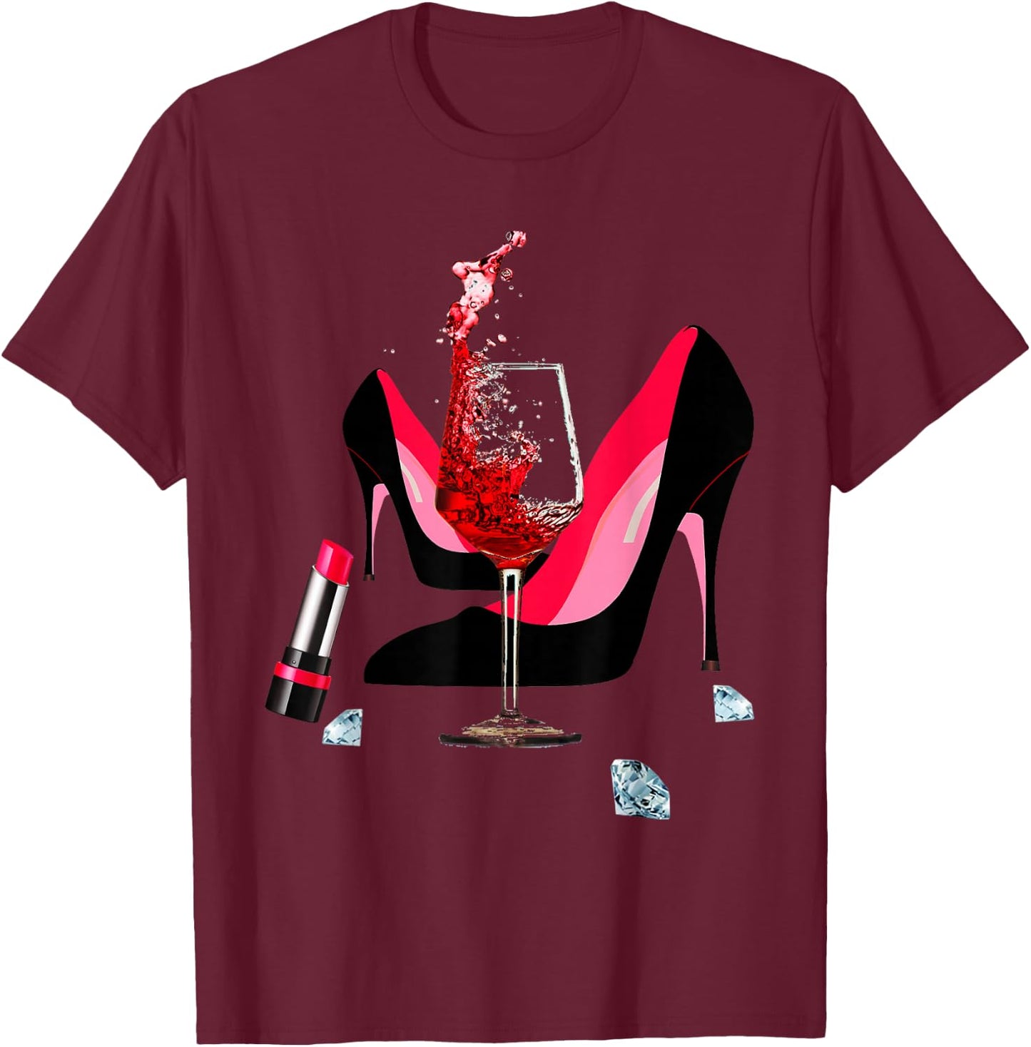 High Heel Shoes, red Lipstick, red Wine Glass and Diamonds T-Shirt - T-Shirt | Maroon