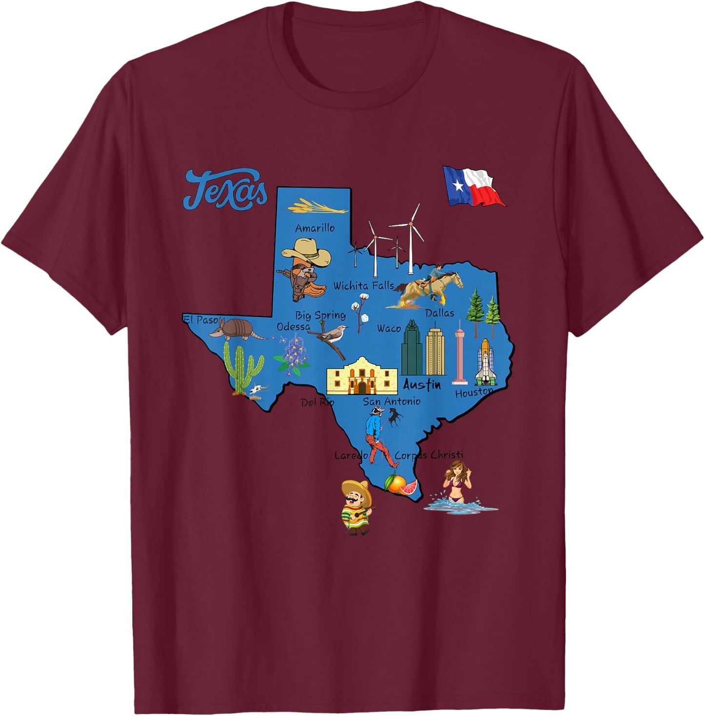 tourism map of Texas state, USA, cities, Landmarks, flag T-Shirt - T-Shirt | Maroon