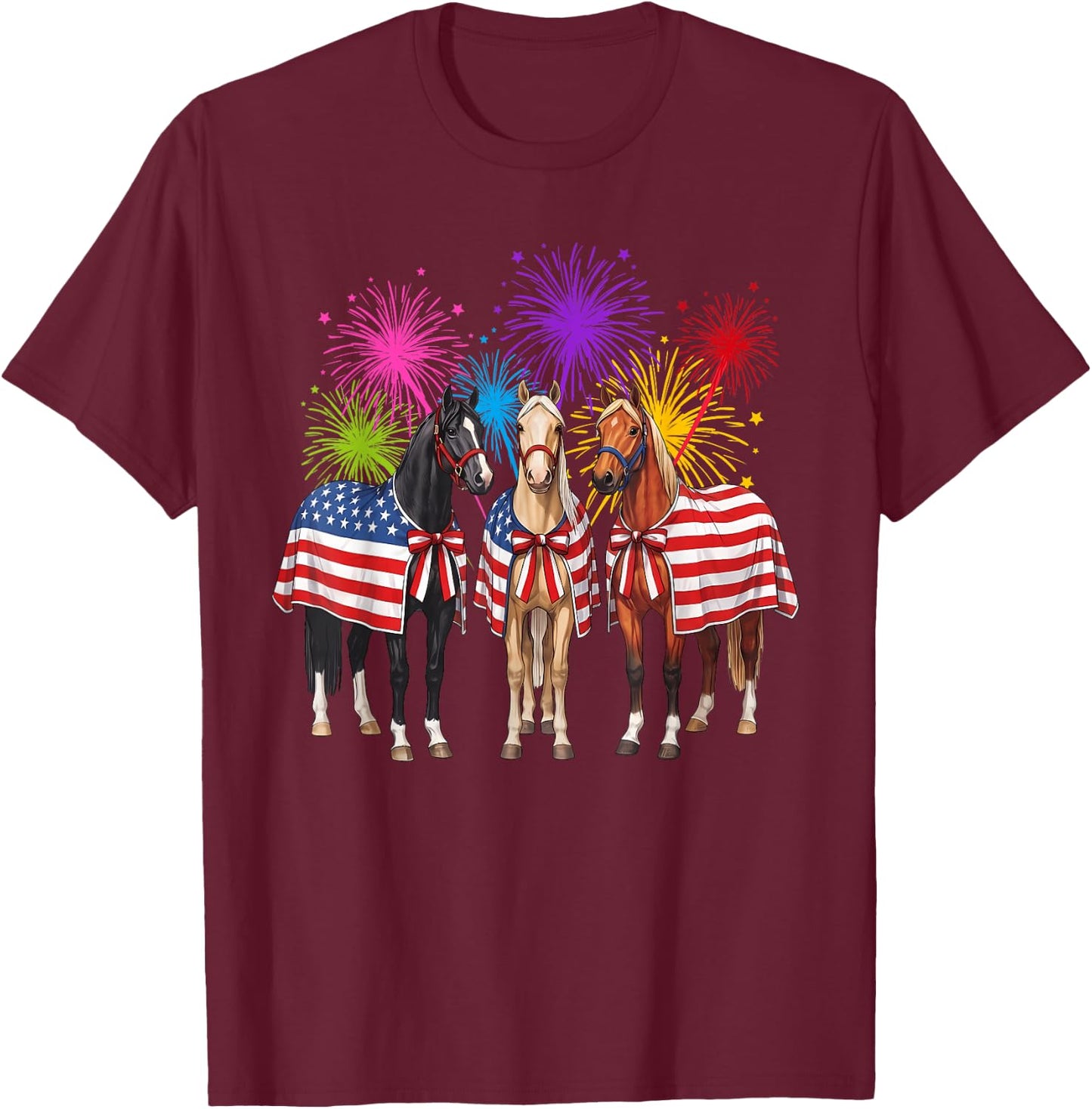 4th of July Horses with Fireworks and Flag Men T-Shirt - T-Shirt | Maroon