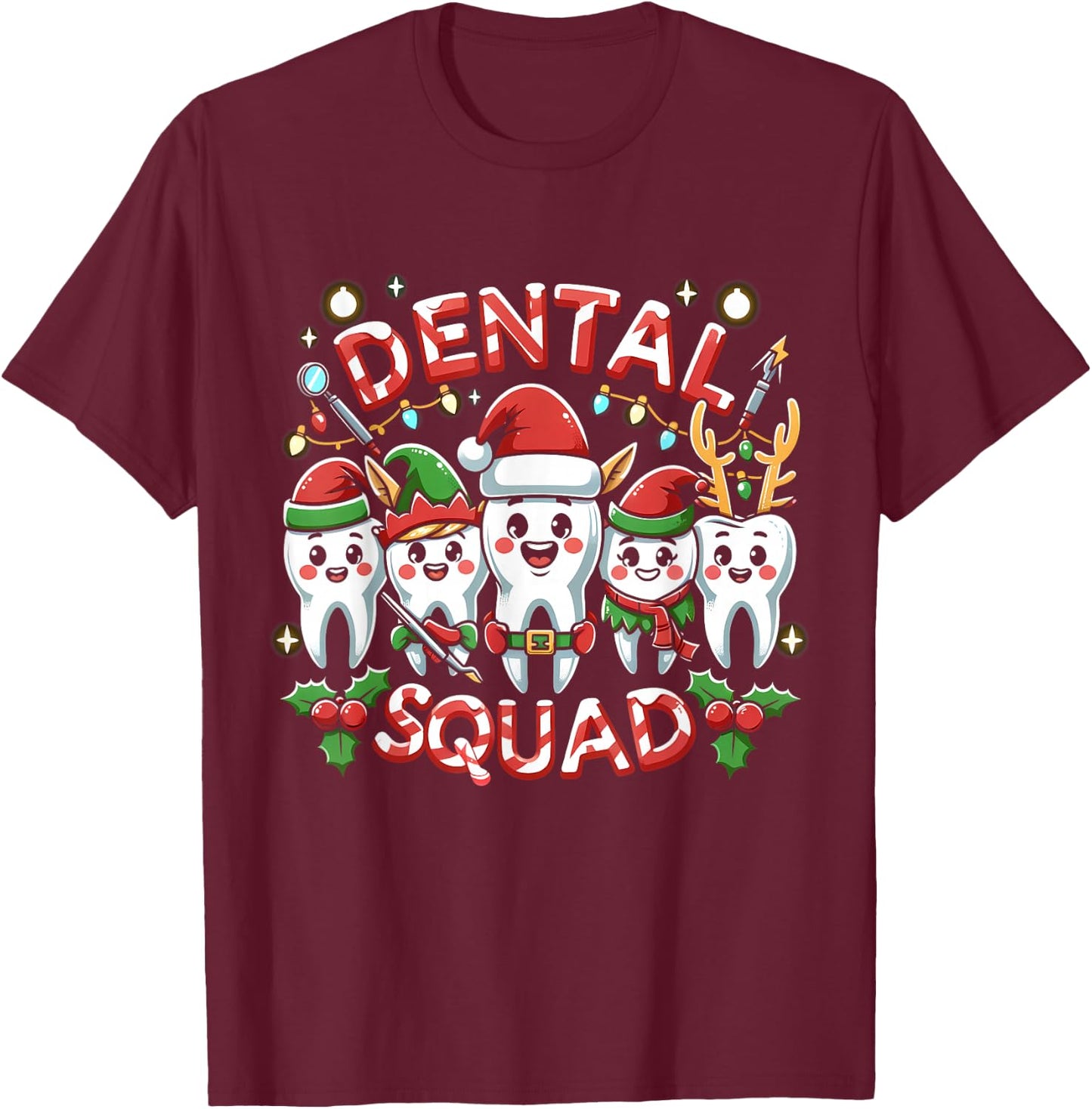 Jolly Dental Squad Celebration Christmas Teeth Dentistry T-Shirt - T-Shirt | Maroon