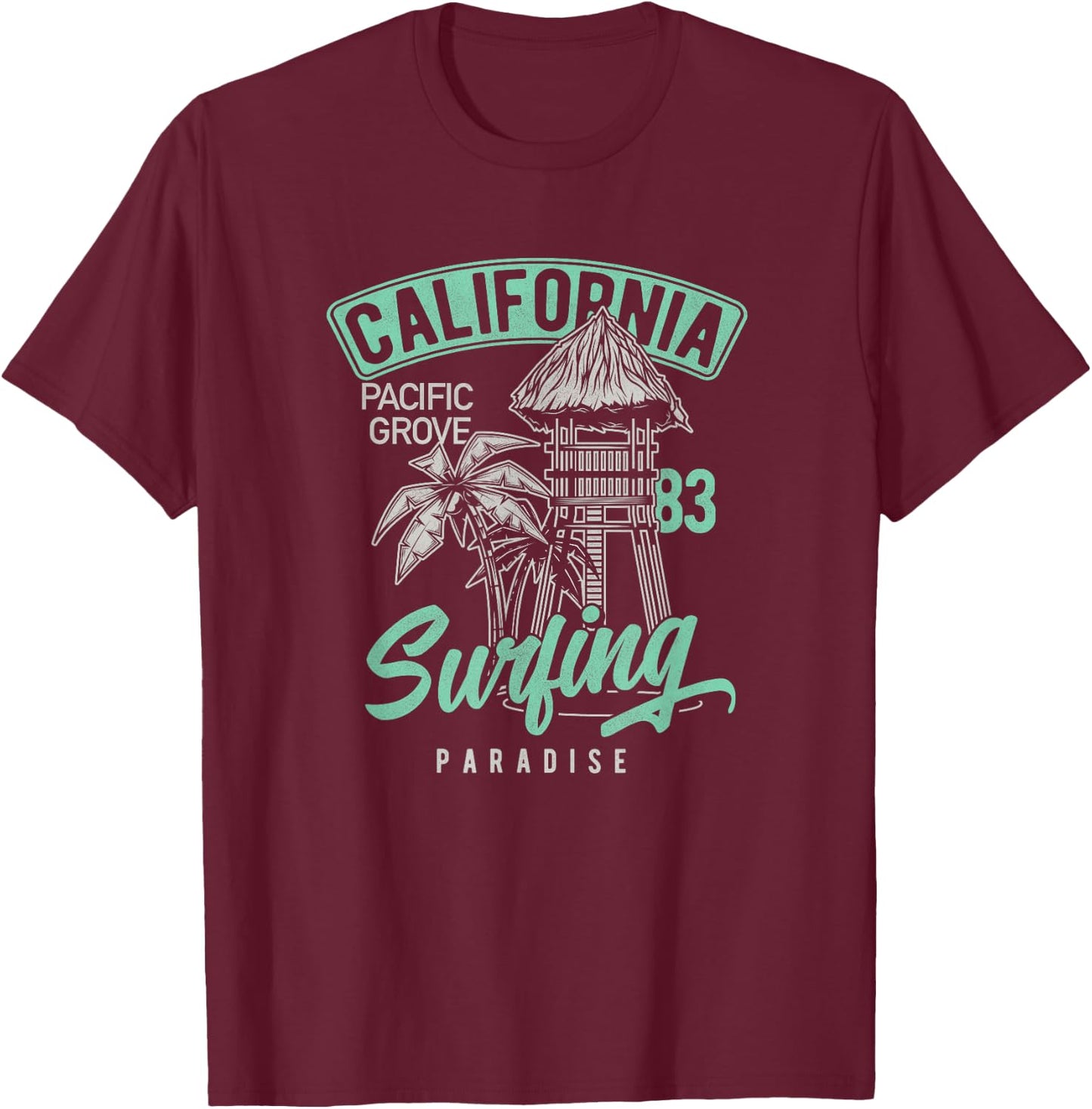 Pacific Grove Vintage Retro 70s 80s Surf T-Shirt - T-Shirt | Maroon