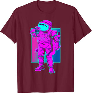 Synthwave Space 80s Vaporwave Funny Beer Drinking Astronaut T-Shirt - T-Shirt | Maroon