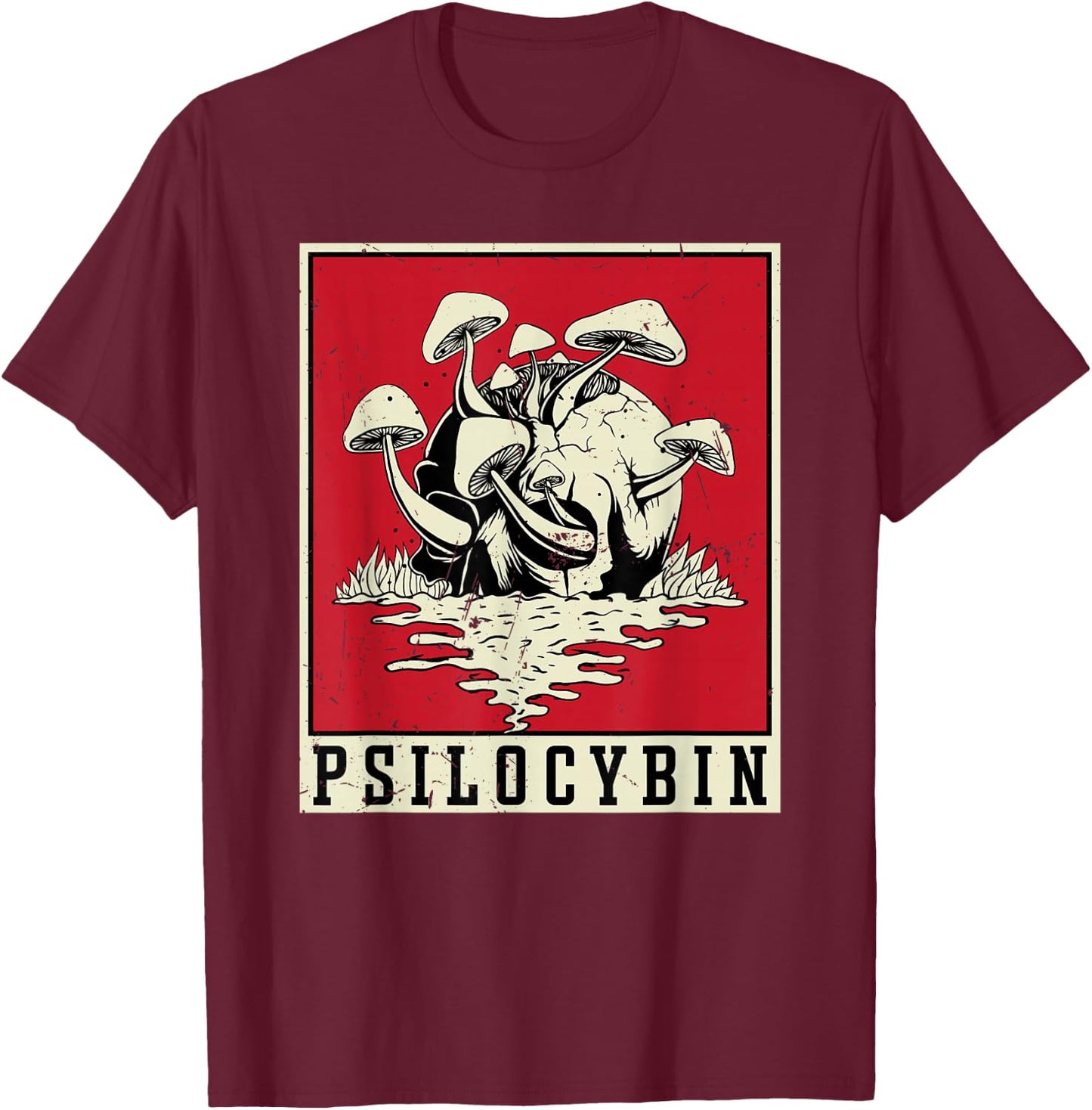 Psilocybin Retro Psychedelic Magic Mushroom Vintage Mycology T-Shirt - T-Shirt | Maroon