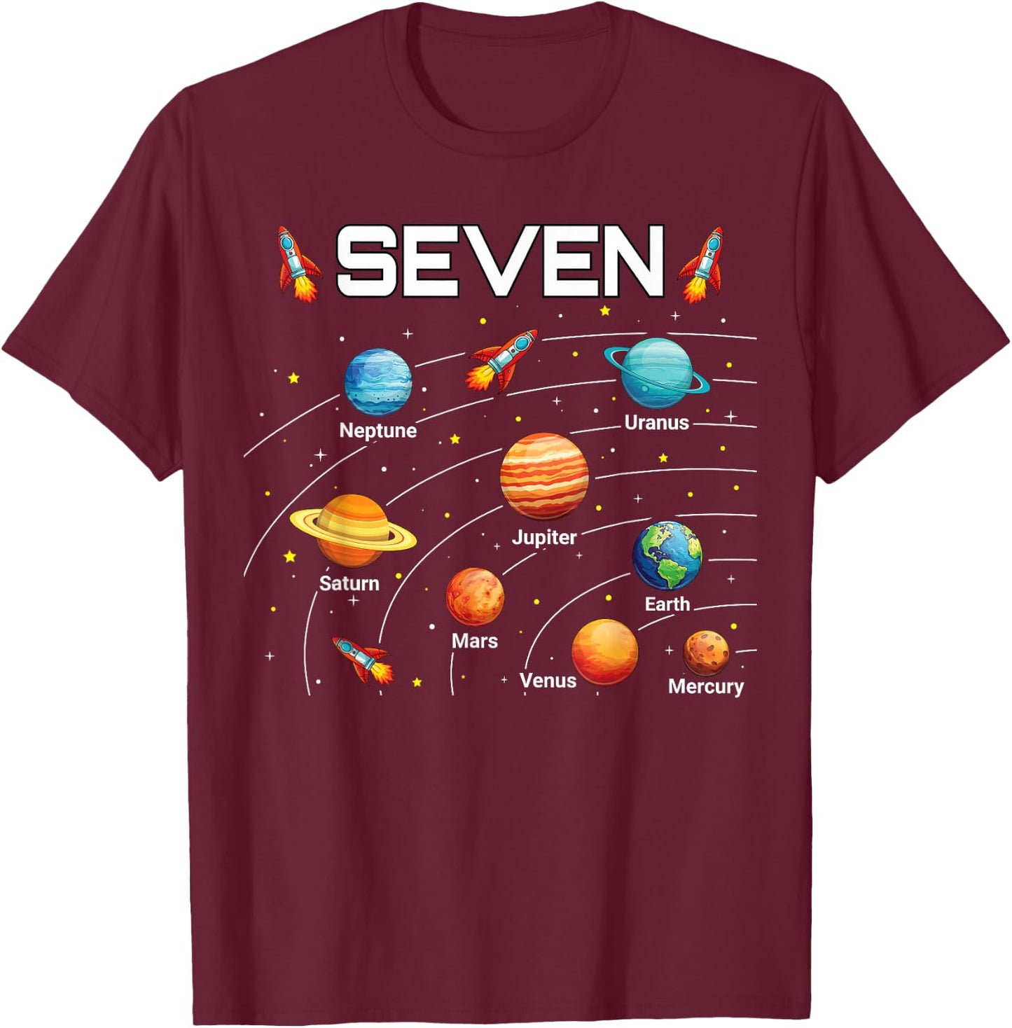 7 Year Old Shirt Boys Girls Space Planets 7th Birthday Boy T-Shirt - T-Shirt | Maroon