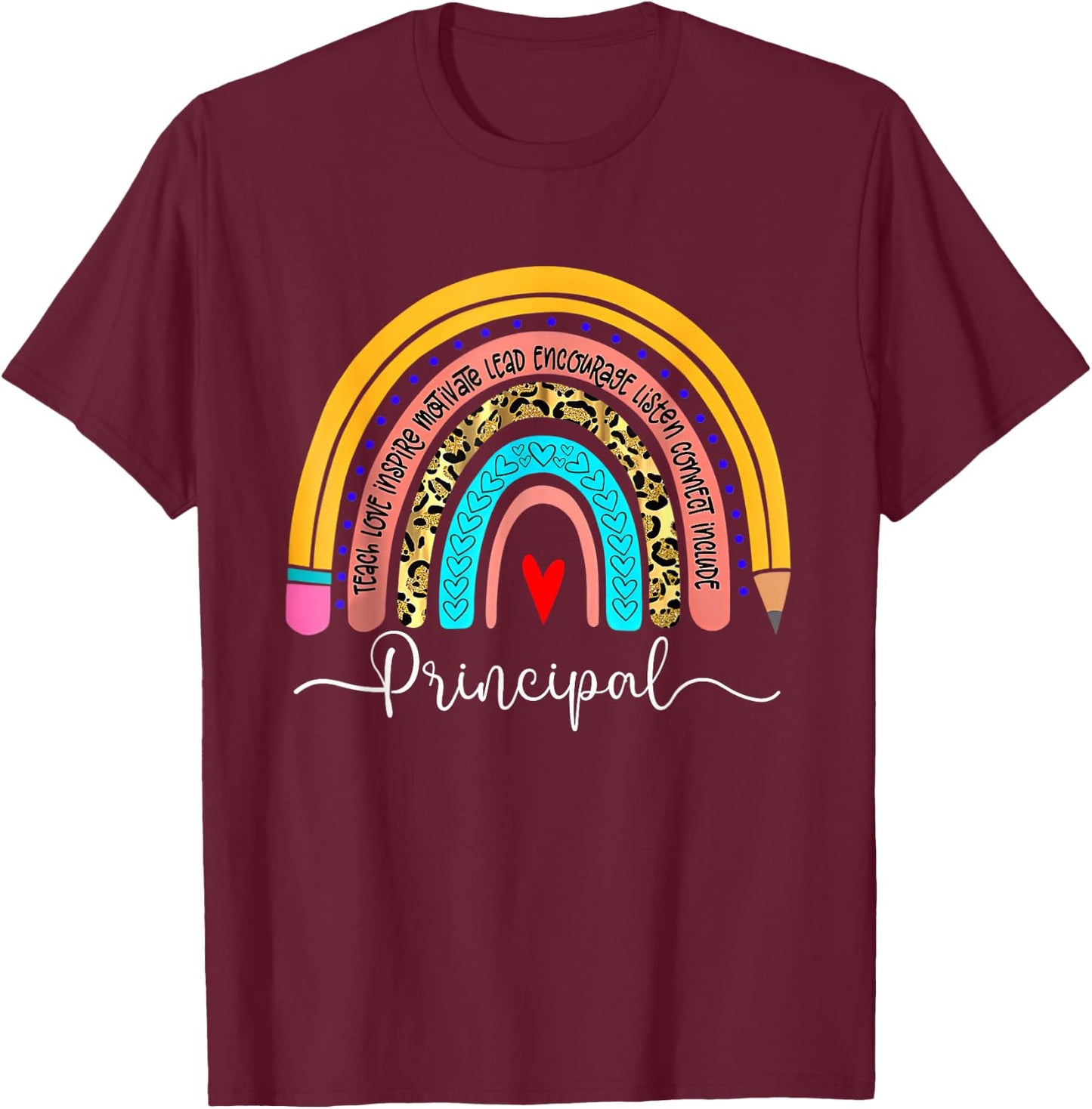 Principal Boho Rainbow Leopard Back to School Principal T-Shirt - T-Shirt | Maroon
