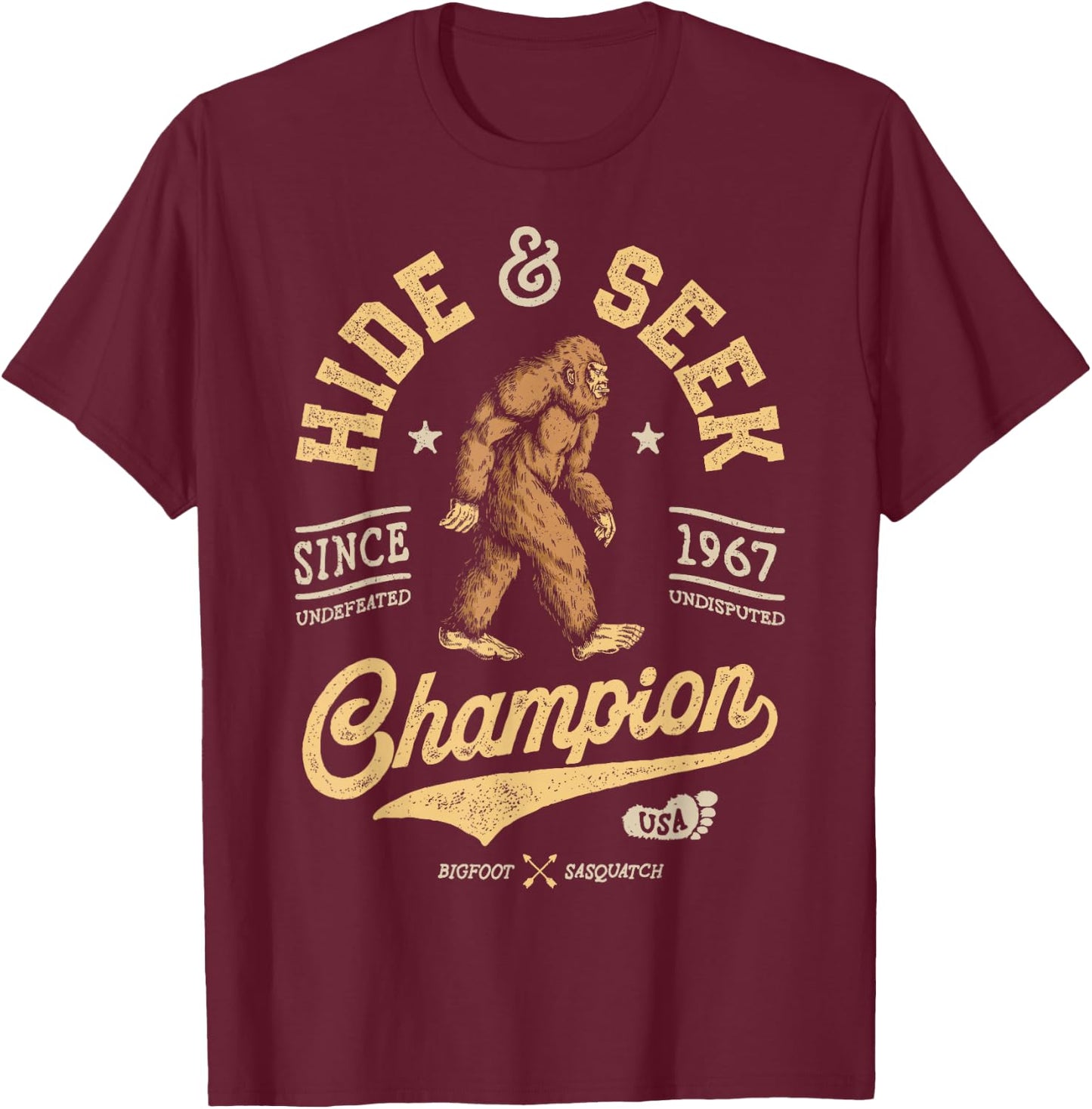 Bigfoot Hide and Seek Champion Funny Sasquatch Retro Vintage Small T-Shirt - T-Shirt | Maroon