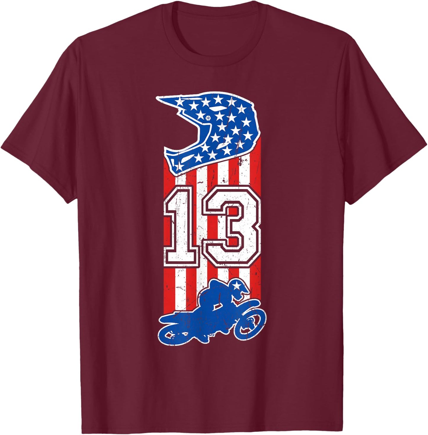 Motocross Birthday 13 Year Old 13th Birthday Dirt Bike USA T-Shirt - T-Shirt | Maroon
