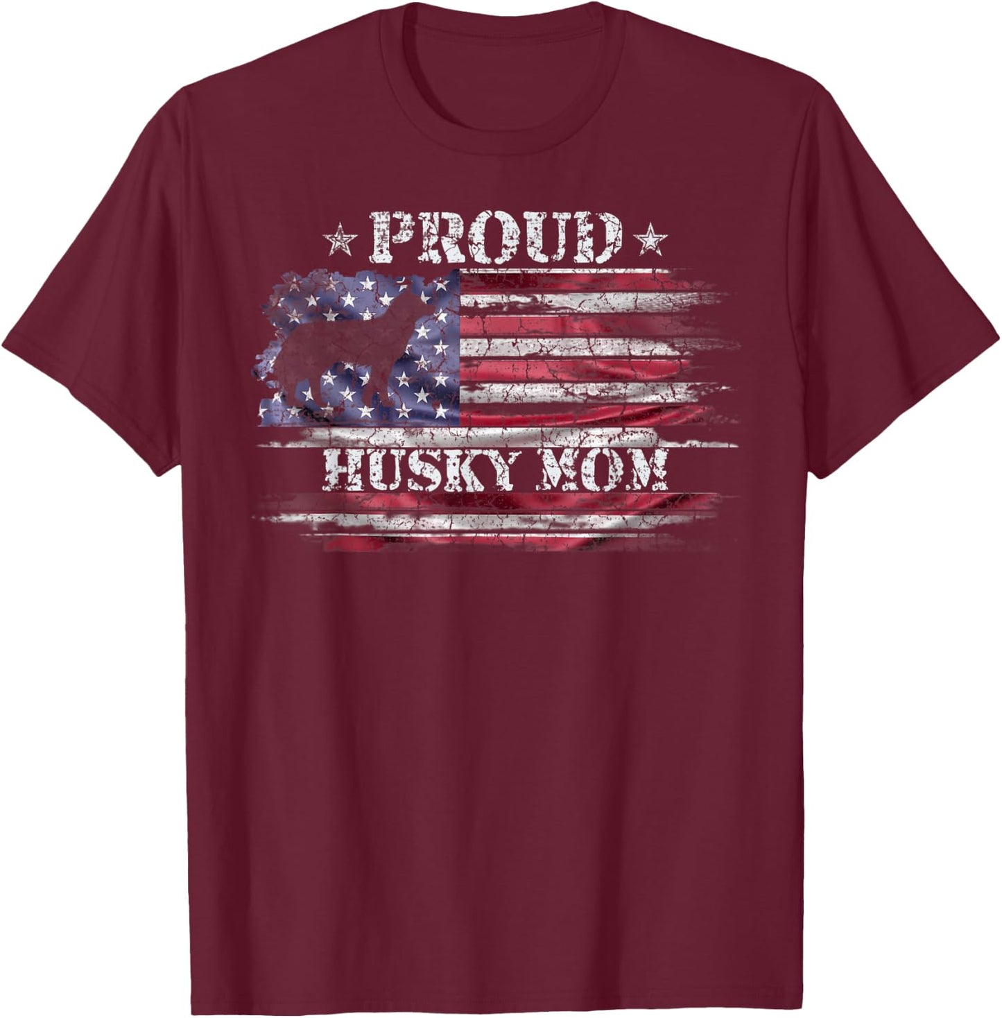 Vintage American Flag Proud Siberian Husky Mom Silhouette Women Kids Men T-Shirt - T-Shirt | Maroon