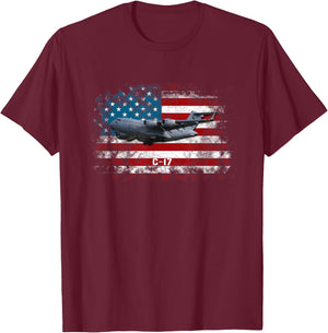 C-17 Globemaster Military Transport Airplane Flag Pilot Vet T-Shirt - T-Shirt | Maroon