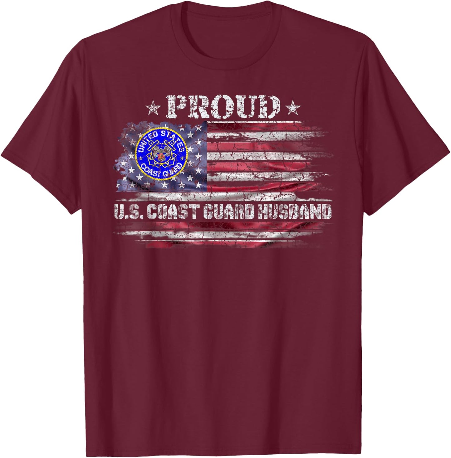 Vintage USA American Flag Proud US Coast Guard Husband Funny Women Men T-Shirt - T-Shirt | Maroon