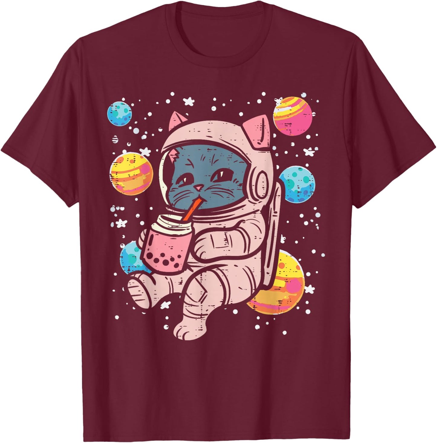 Cat Astronaut Boba Milk Tea Cute Space Women Girls Kids Men T-Shirt - T-Shirt | Maroon