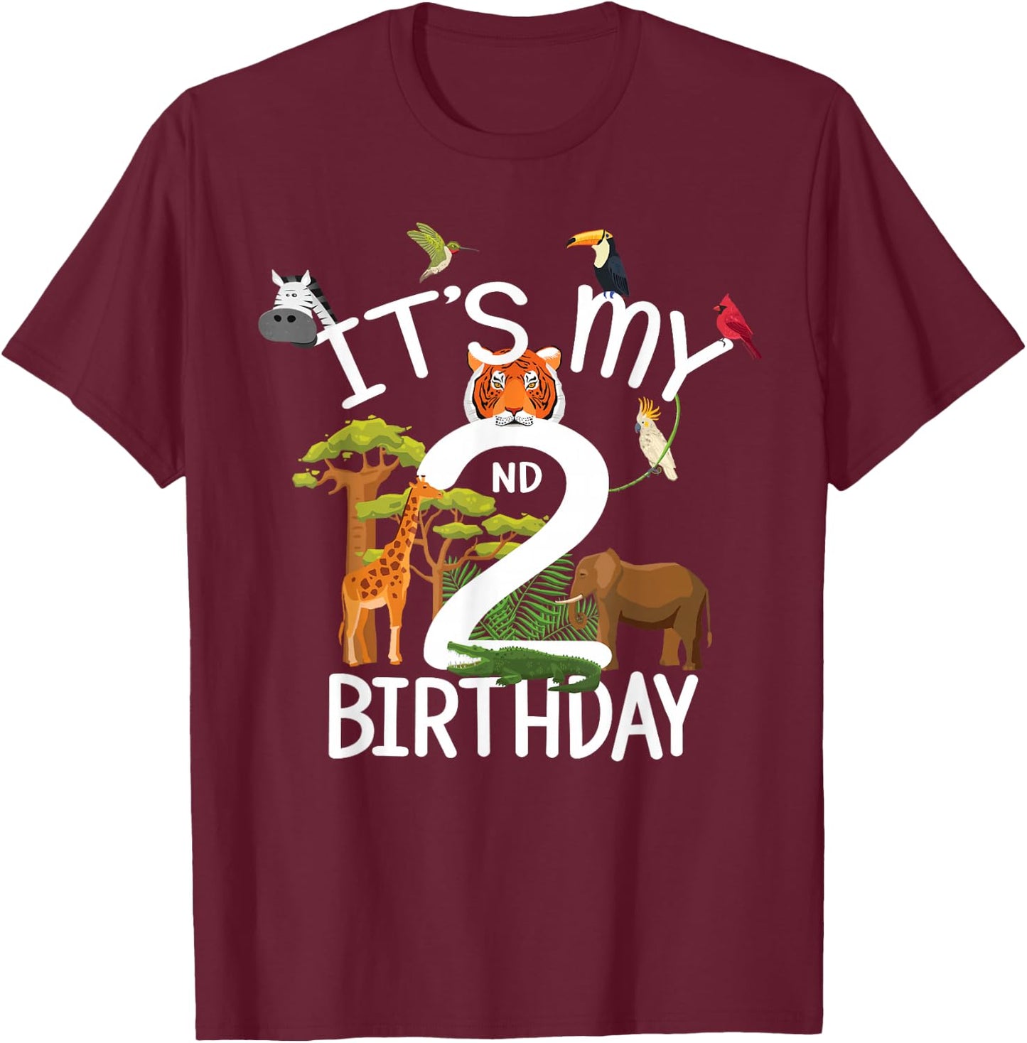 It's My 2nd Birthday Boy Zoo Theme 2 Years Old Animal Party T-Shirt - T-Shirt | Maroon