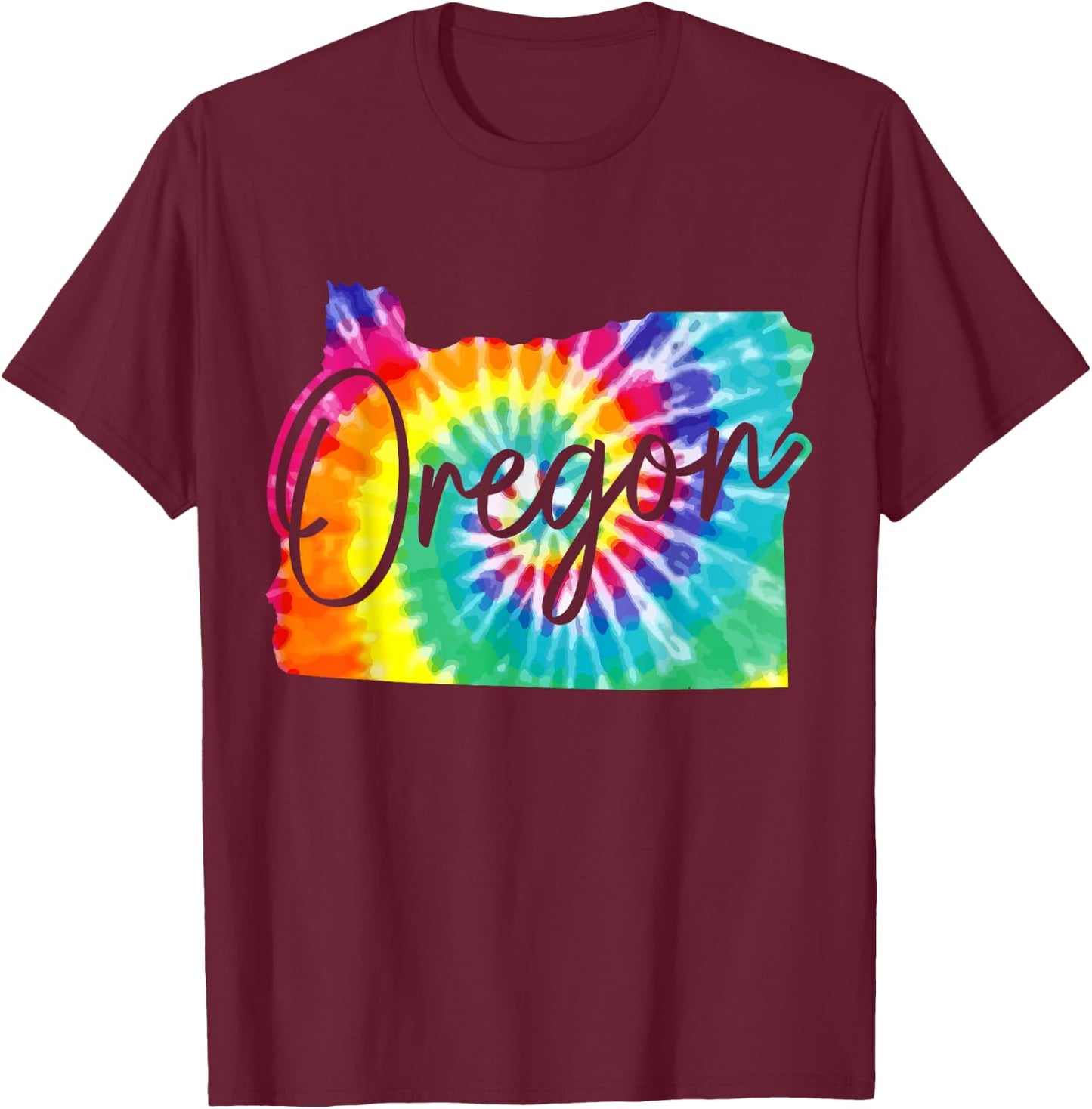 Oregon Tie Dye State Map Pride Hippie PNW Vintage Retro T-Shirt - T-Shirt | Maroon