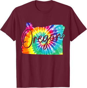 Oregon Tie Dye State Map Pride Hippie PNW Vintage Retro T-Shirt - T-Shirt | Maroon