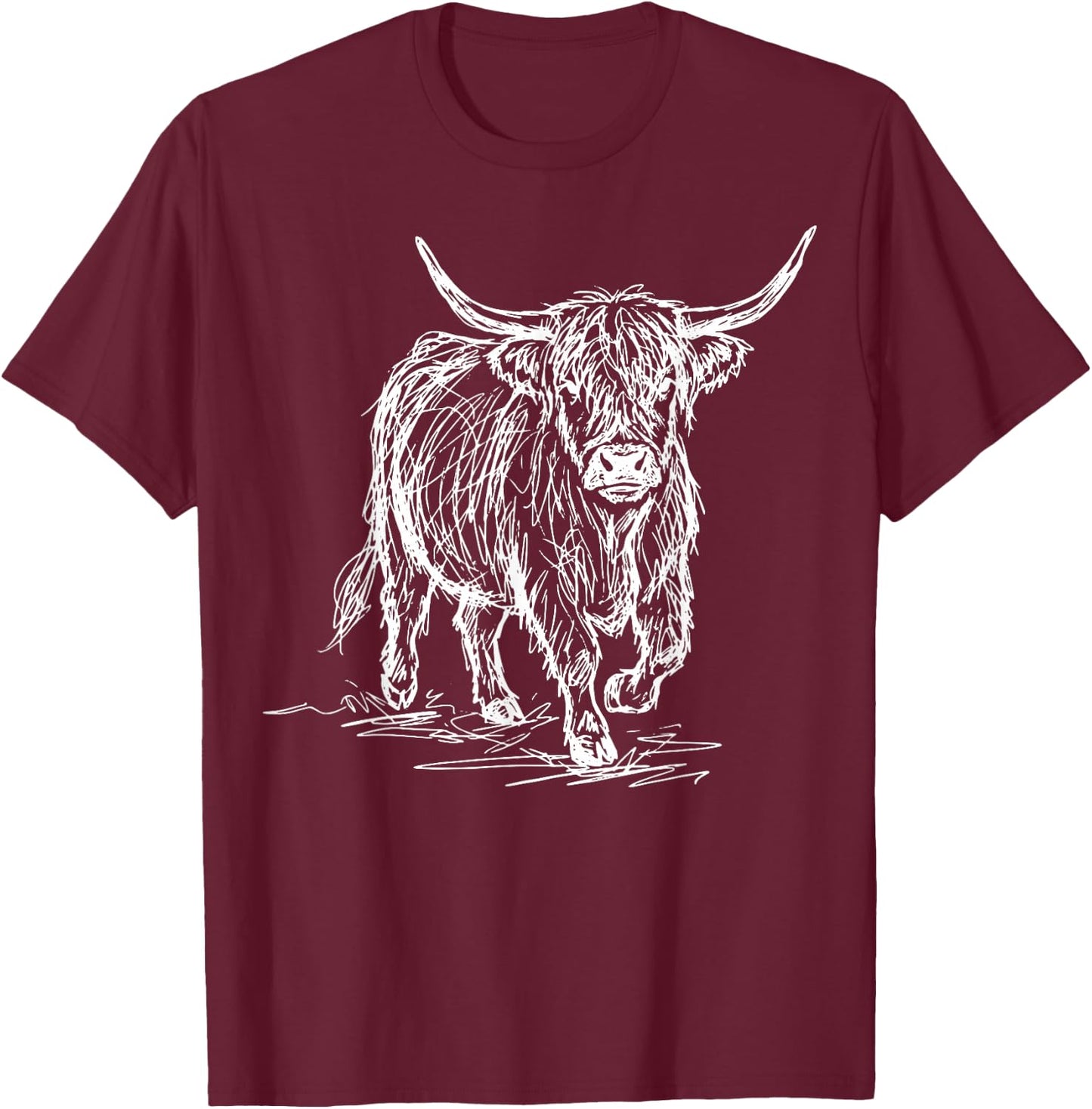 Highland Cow Line Art Scottish Cattle T-Shirt - T-Shirt | Maroon