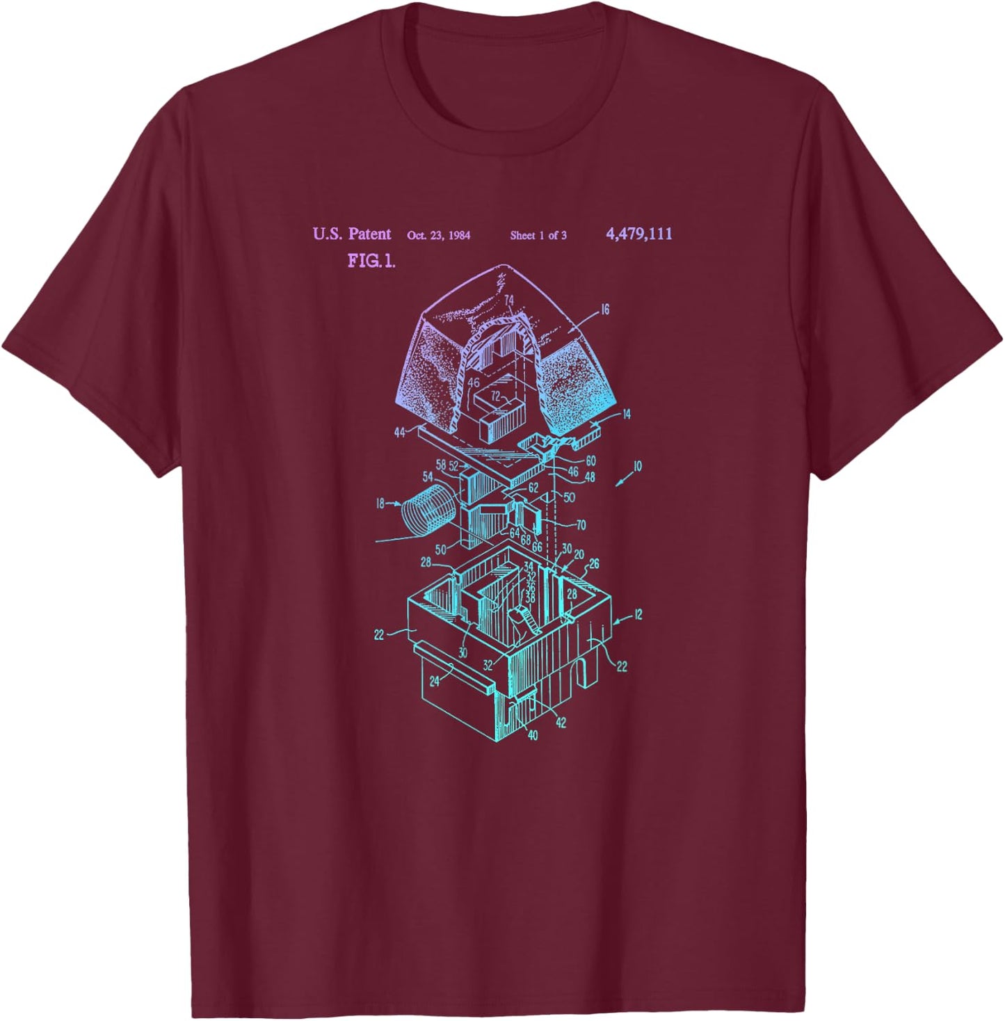 Mechanical Keyboard Patent Drawing Graphic Design Art T-Shirt - T-Shirt | Maroon