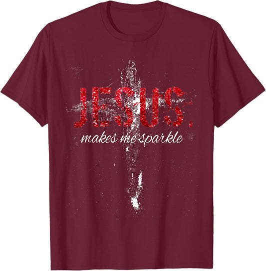 Jesus Makes Me Sparkle Vintage Retro Cross T-Shirt - T-Shirt | Maroon