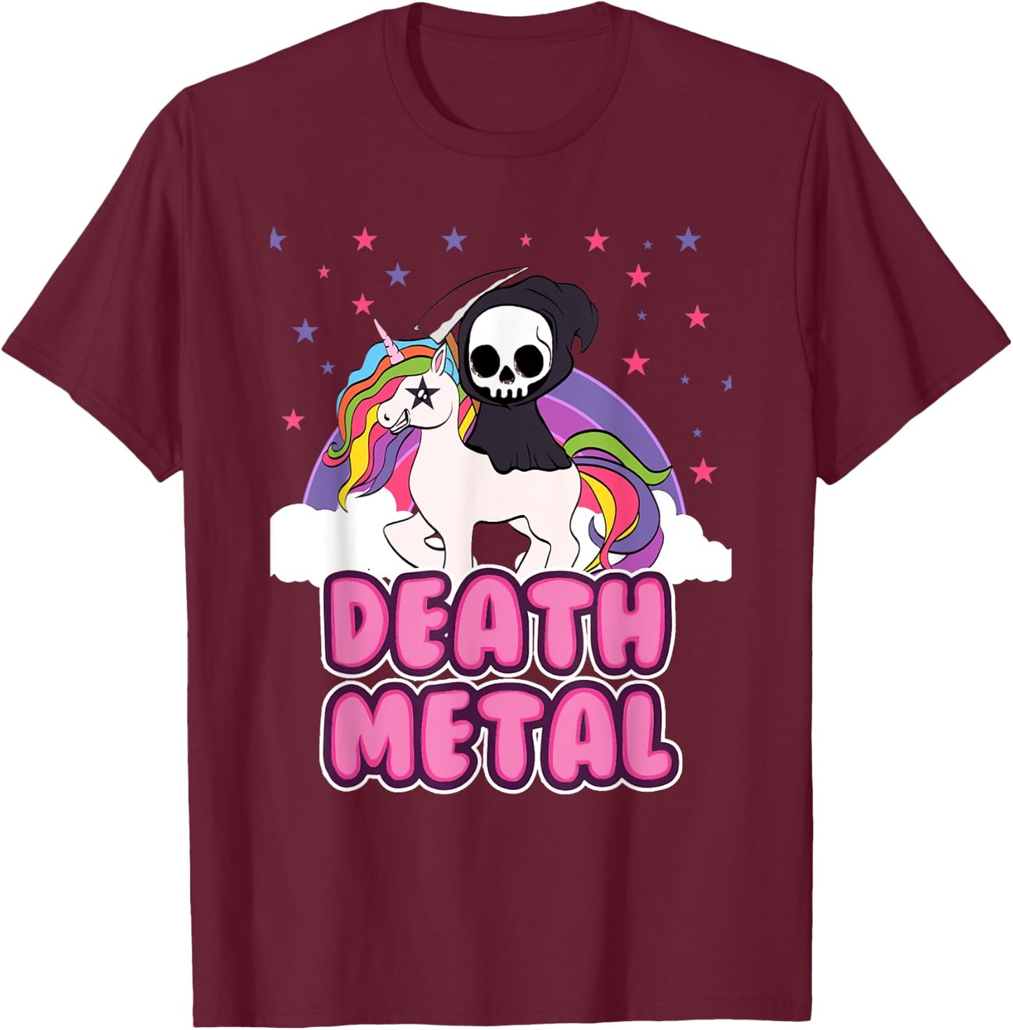 Death Metal - Unicorn Grim Reaper Rainbow Heavy Metal T-Shirt - T-Shirt | Maroon