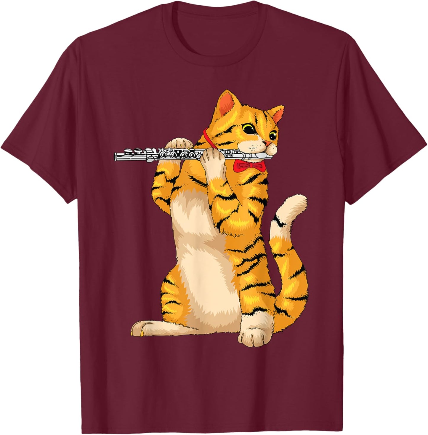 Funny Cat Playing Flute | Cool Animal Musician Fluter Gift Women Girls Kids T-Shirt - T-Shirt | Maroon