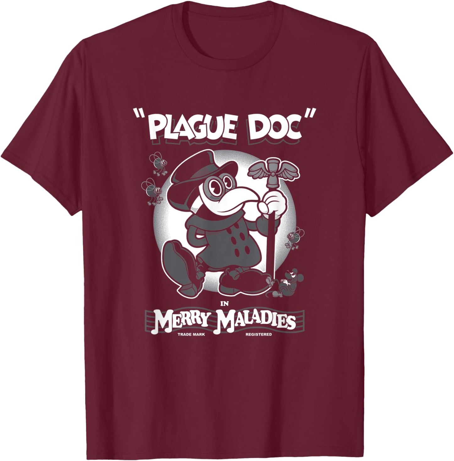 Merry Maladies - Vintage Cartoon Plague Doctor - Rubber Hose T-Shirt - T-Shirt | Maroon