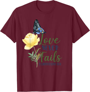 Christian Bible Verse Butterfly Flower 1 Corinthians 13:8 T-Shirt - T-Shirt | Maroon