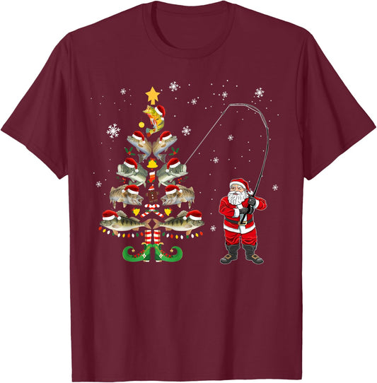 Fishermans Christmas Pajama Gift Tree Lights Merry Fishmas T-Shirt - T-Shirt | Maroon