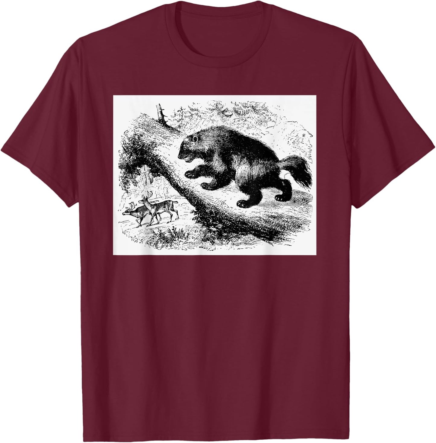 Realist Wild Wolverine Animal Illustration Hand Drawn Art T-Shirt - T-Shirt | Maroon