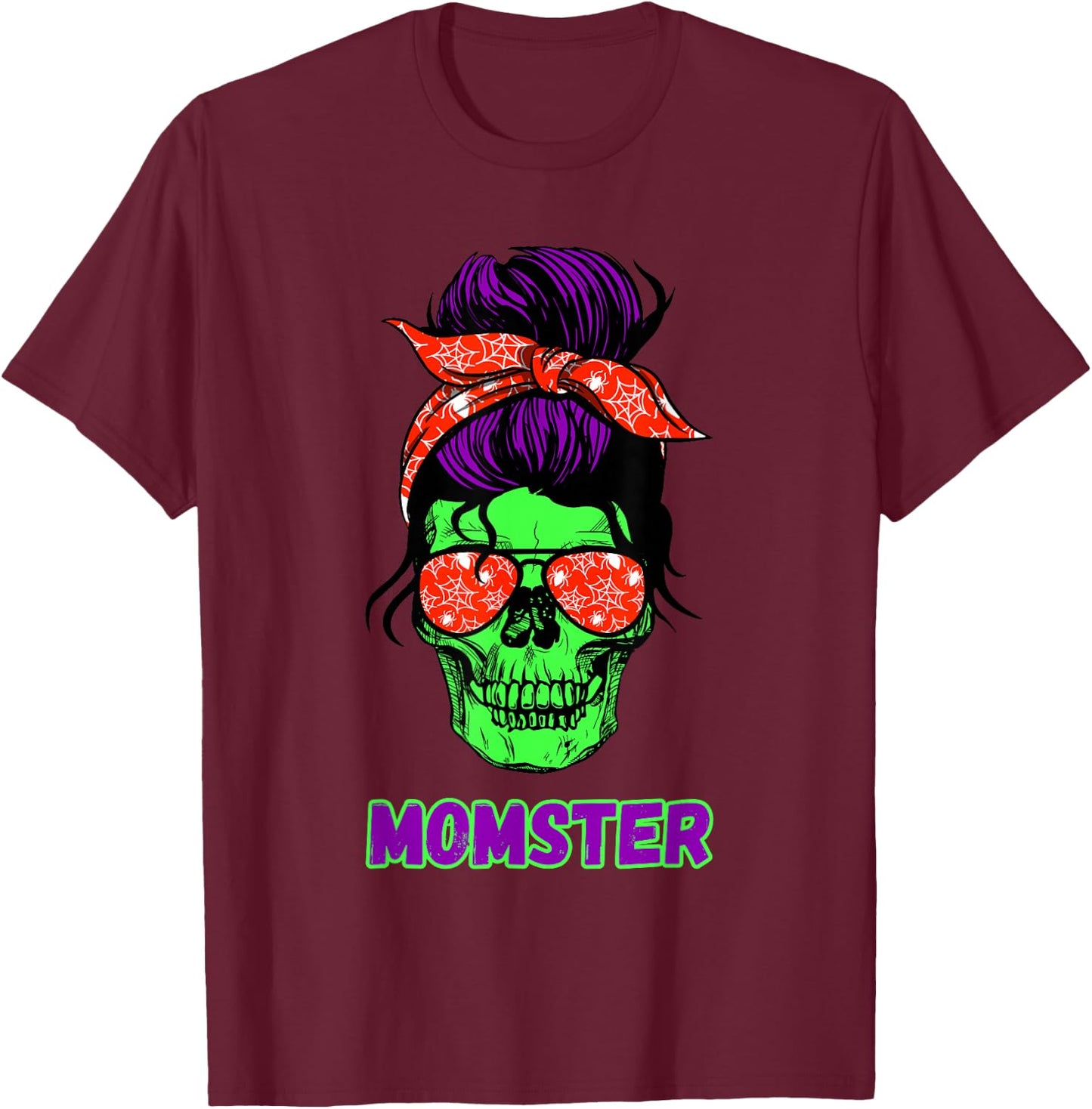 Momster Funny Skull Mama Messy Bun Mom Halloween Costume T-Shirt - T-Shirt | Maroon
