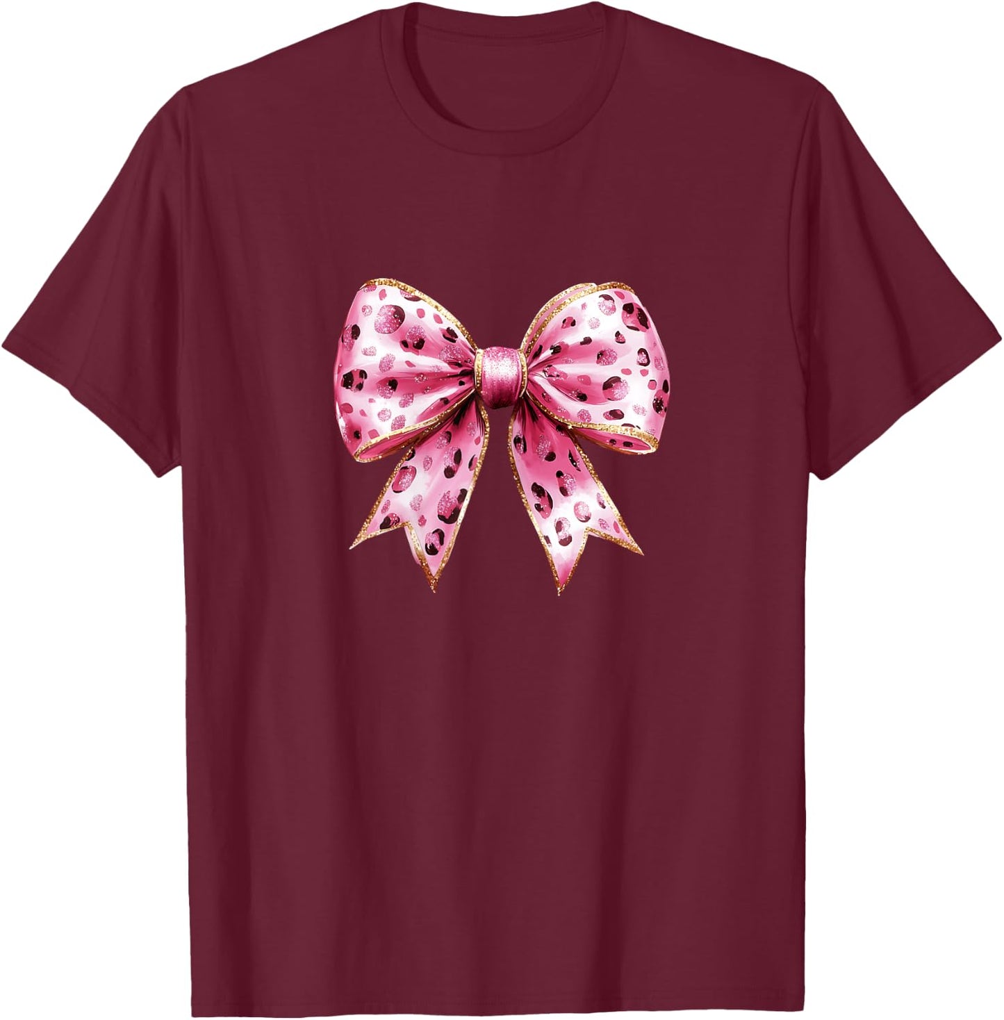 Cute Pink Leopard Bow Graphic & Teen Girls T-Shirt - T-Shirt | Maroon