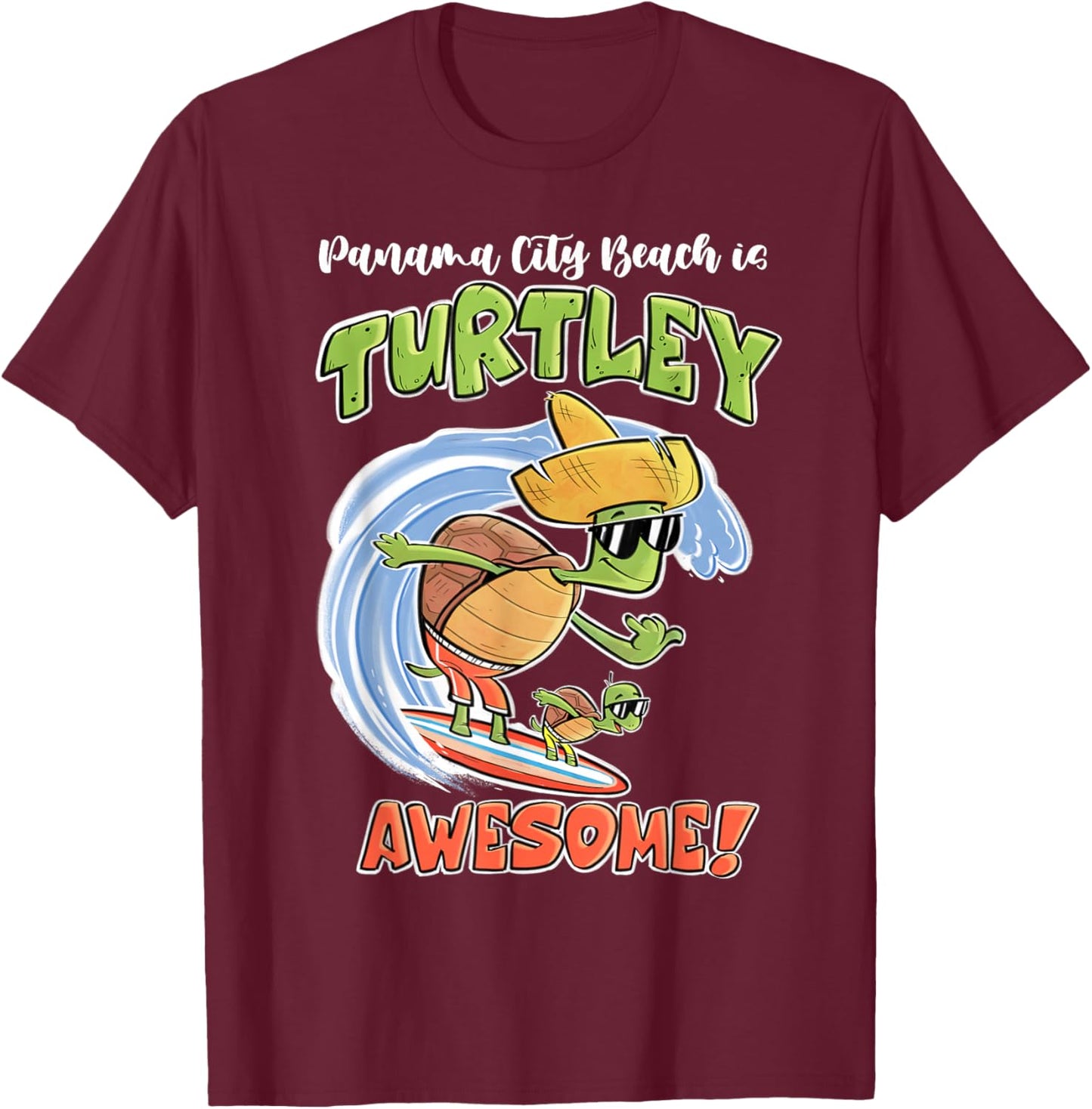 Cute Panama City Beach Kid's shirt Fun Turtle on Surfboard T-Shirt - T-Shirt | Maroon