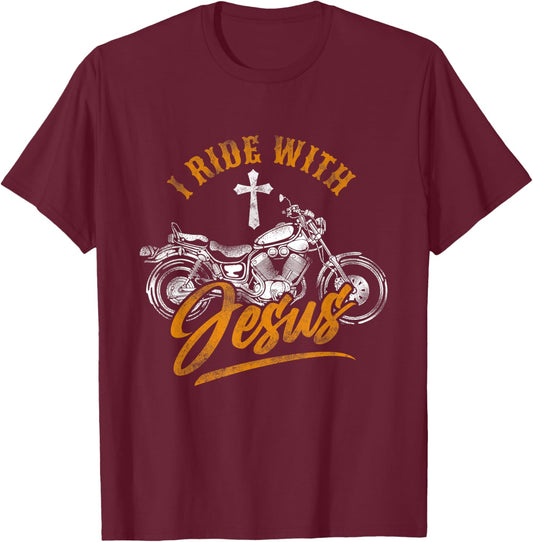 Christian Motorcycle Biker I Ride With Jesus Faith T-Shirt - T-Shirt | Maroon