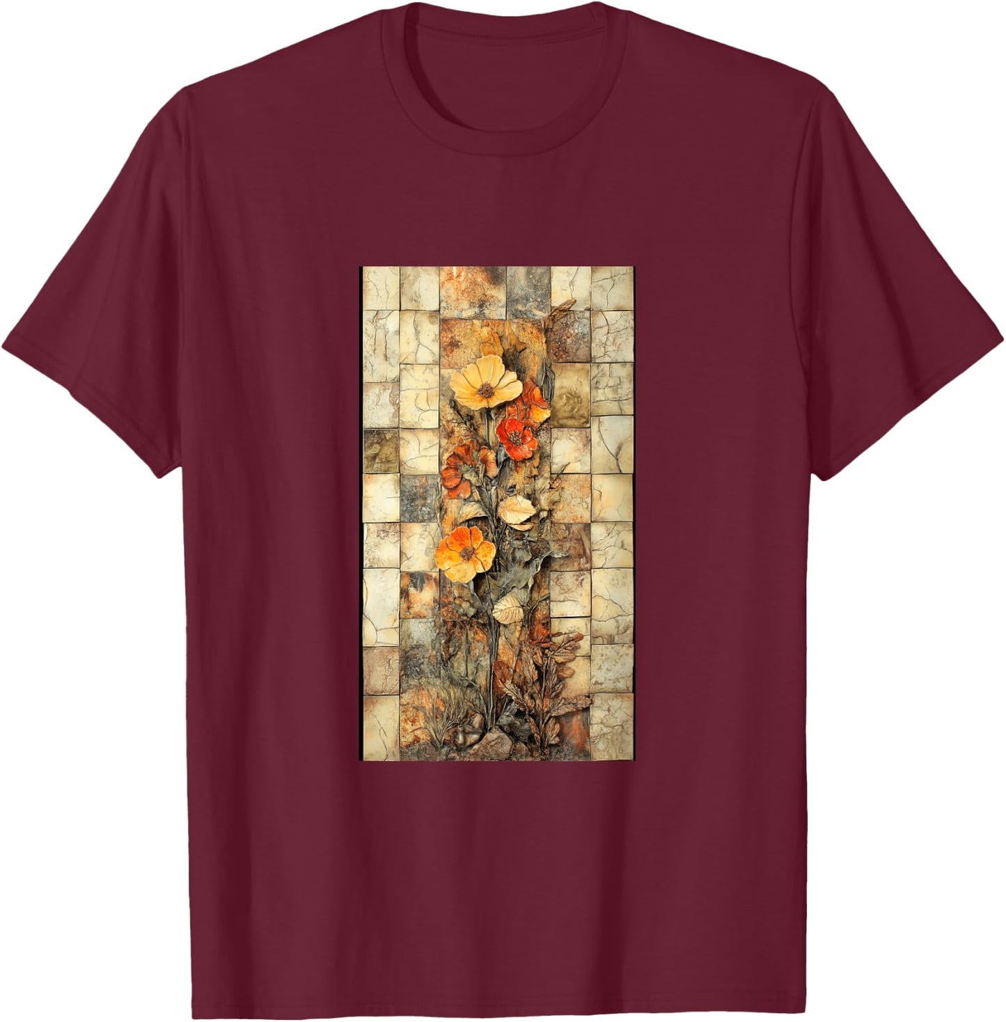 Vibrant Mosaic Tiles Floral Botanical Floral T-Shirt - T-Shirt | Maroon