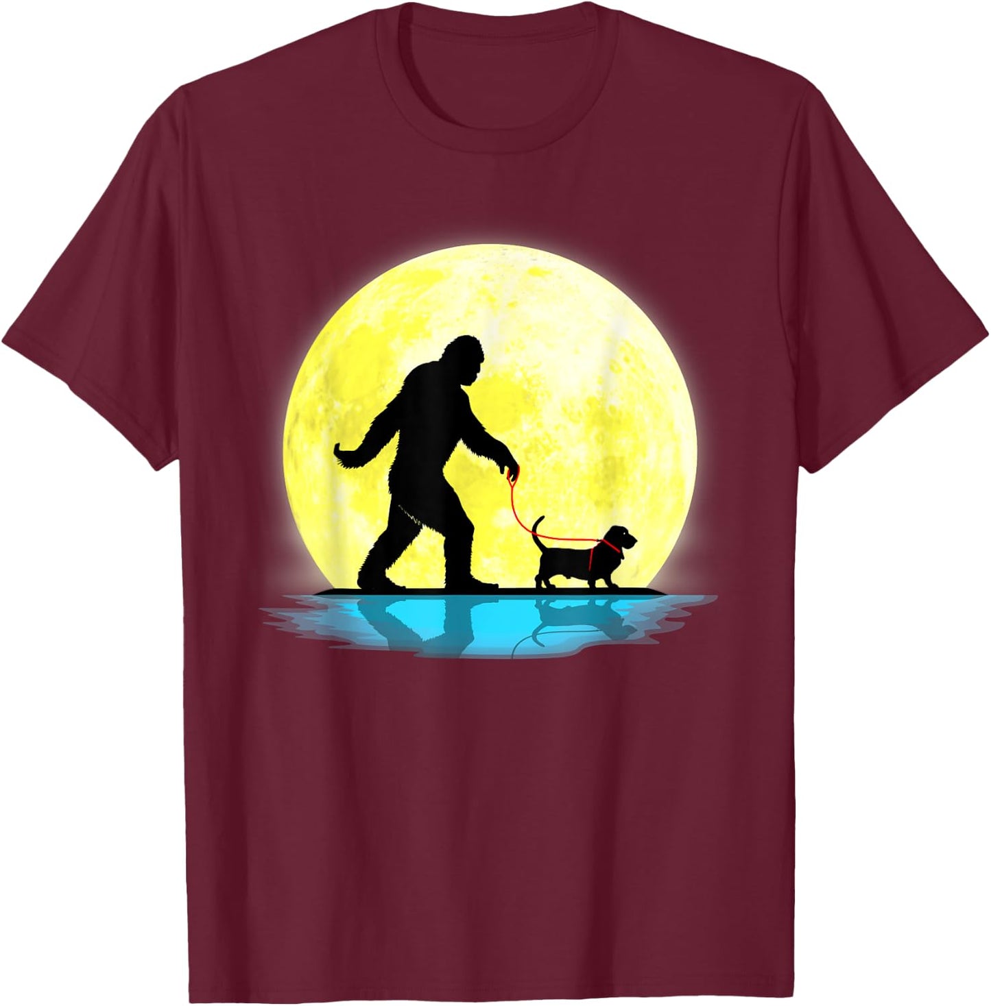 Cute Bigfoot Walking Basset Hound Full Moon Light Lovers T-Shirt - T-Shirt | Maroon