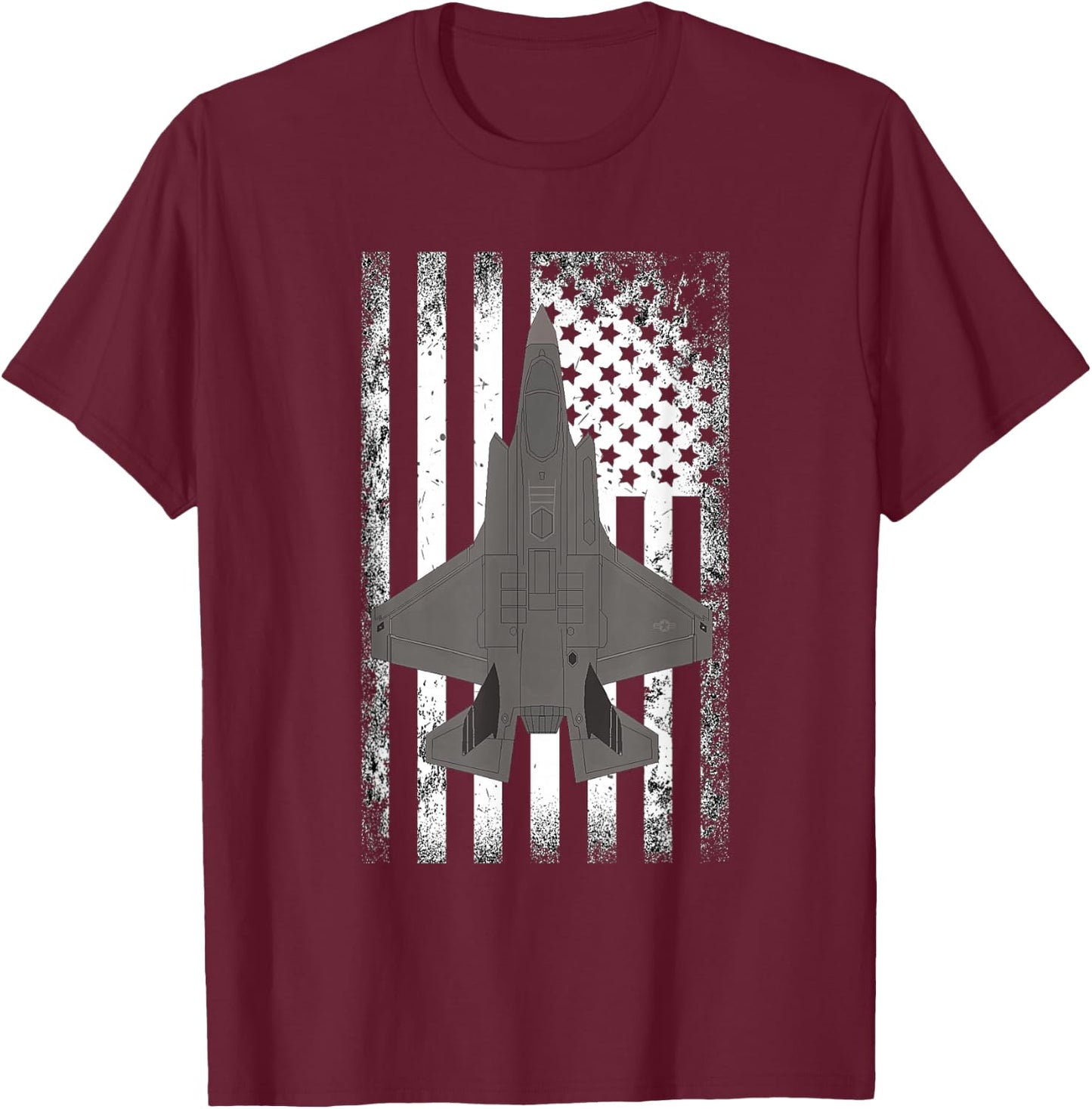 F-35 Lightning American Flag Military Airplane T-Shirt - T-Shirt | Maroon