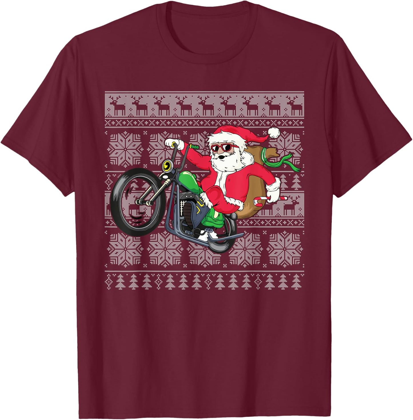 Santa on Motorcycle Ugly Christmas Sweater Xmas Gifts Men T-Shirt - T-Shirt | Maroon