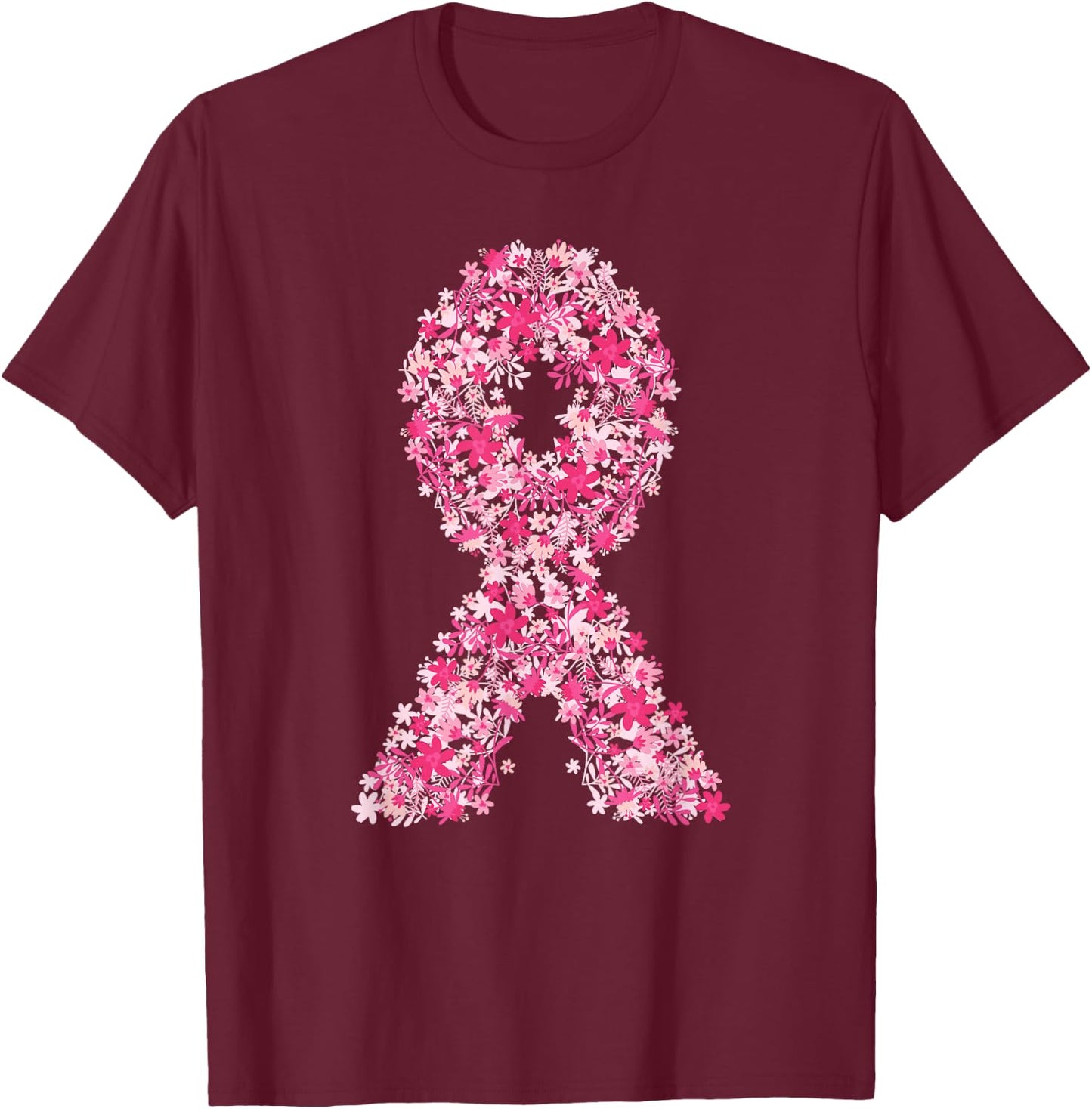 Floral Pink Ribbon Breast Cancer Awareness Shirts T-Shirt - T-Shirt | Maroon
