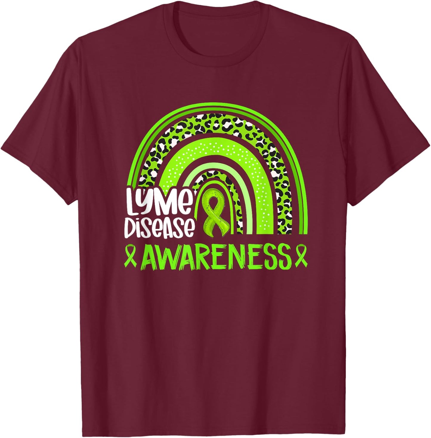 Leopard Rainbow Lime Green Ribbon Lyme Disease Awareness T-Shirt - T-Shirt | Maroon