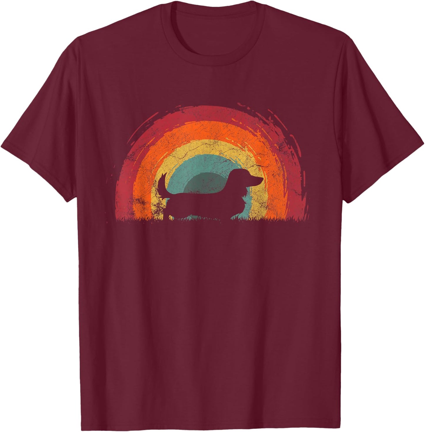 Long Haired Dachshund Vintage Rainbow Dog Men Women T-Shirt - T-Shirt | Maroon