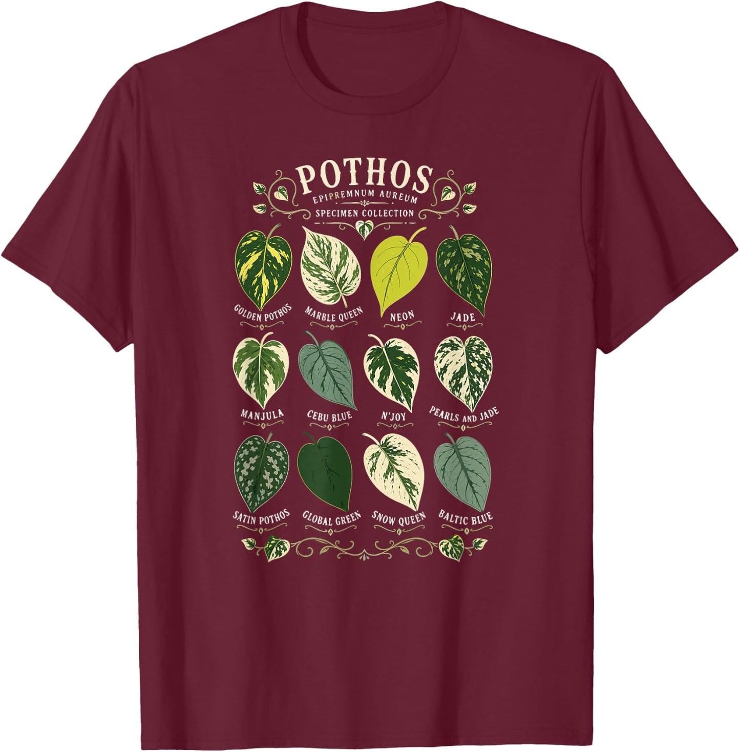 Pothos Plant Varieties Botanical Houseplant Design T-Shirt - T-Shirt | Maroon