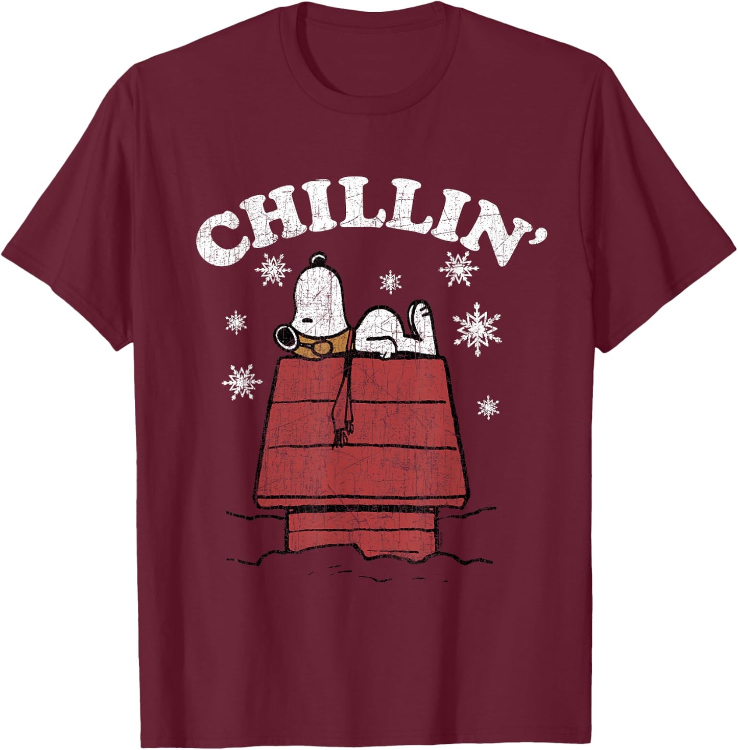 Peanuts Snoopy Chillin' Christmas snow flakes T-Shirt - T-Shirt | Maroon