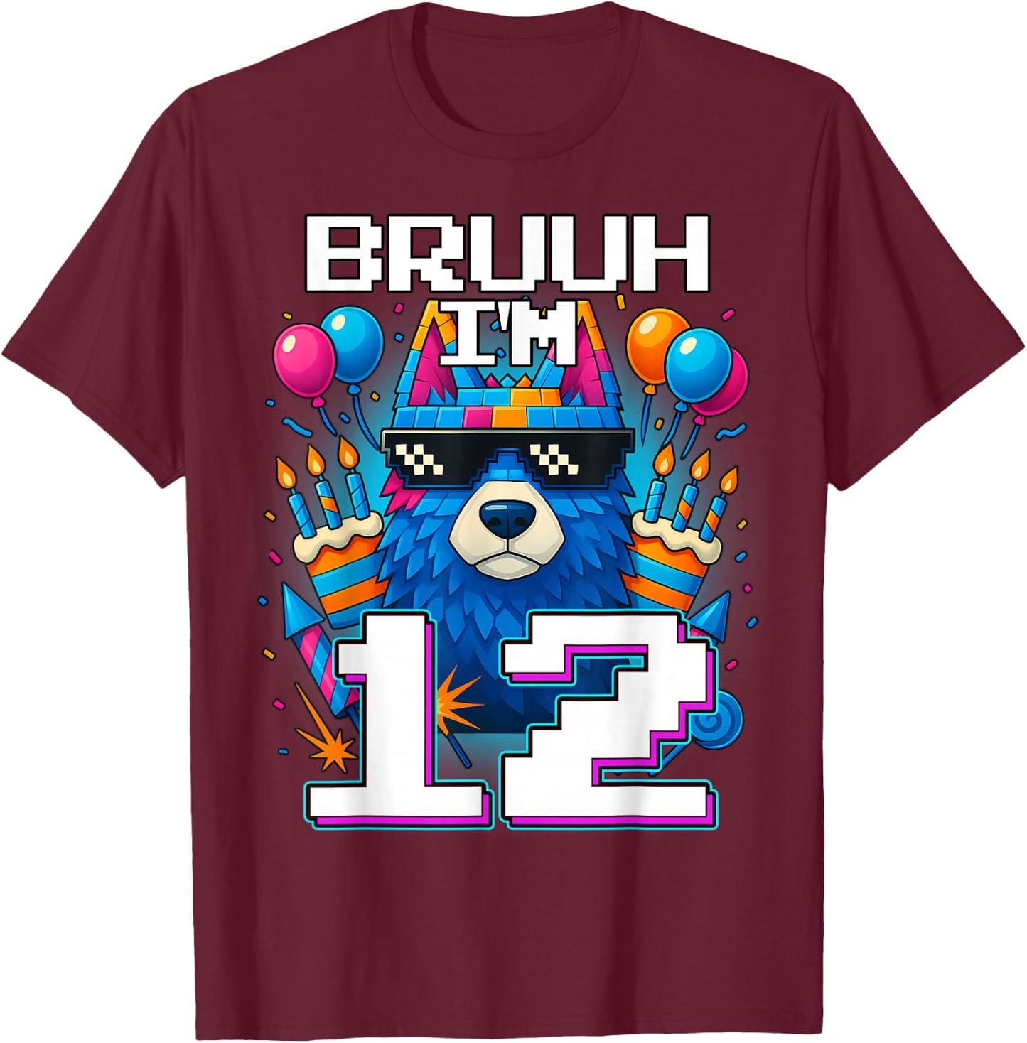 Bruh I'm 12 Years Old 12th Birthday Wolf Boy Family Party T-Shirt - T-Shirt | Maroon