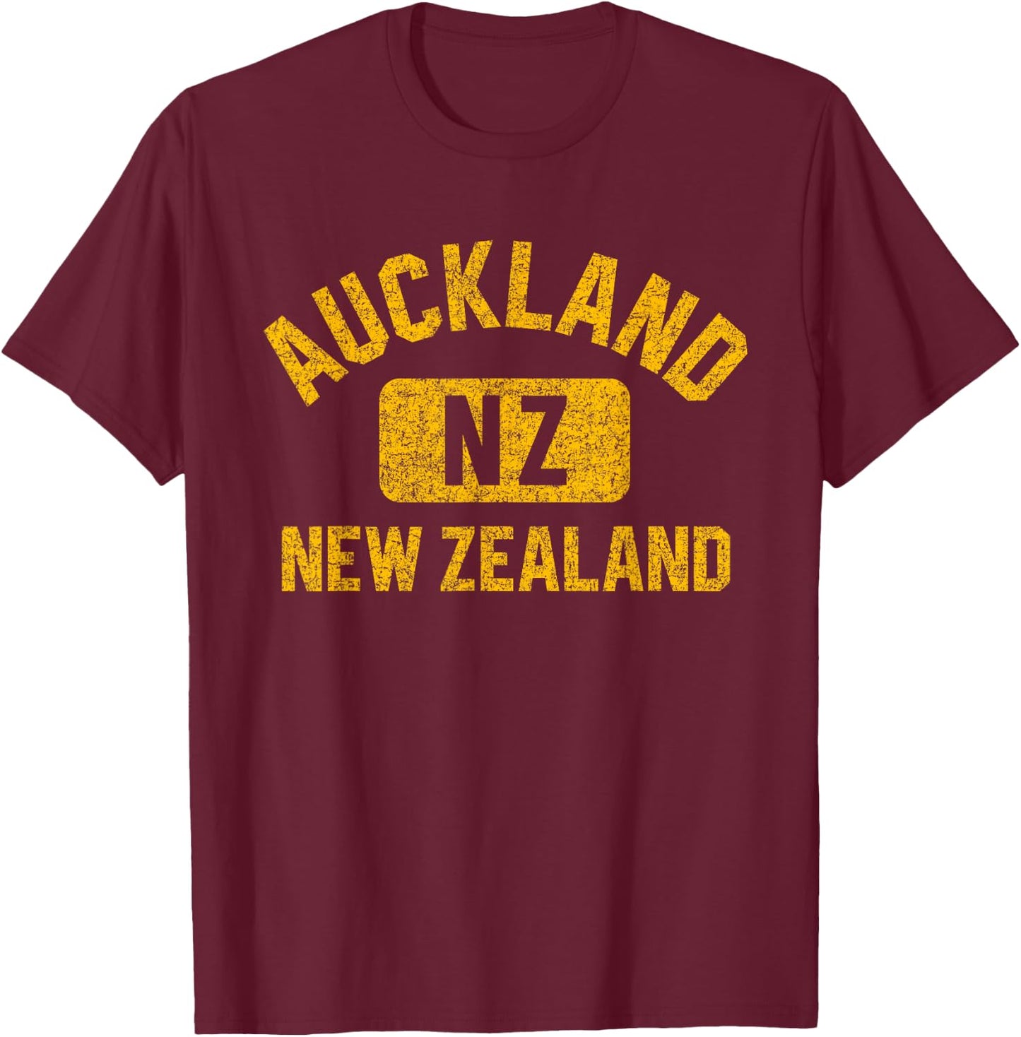 Auckland New Zealand Gym Style Distressed Amber Print T-Shirt - T-Shirt | Maroon