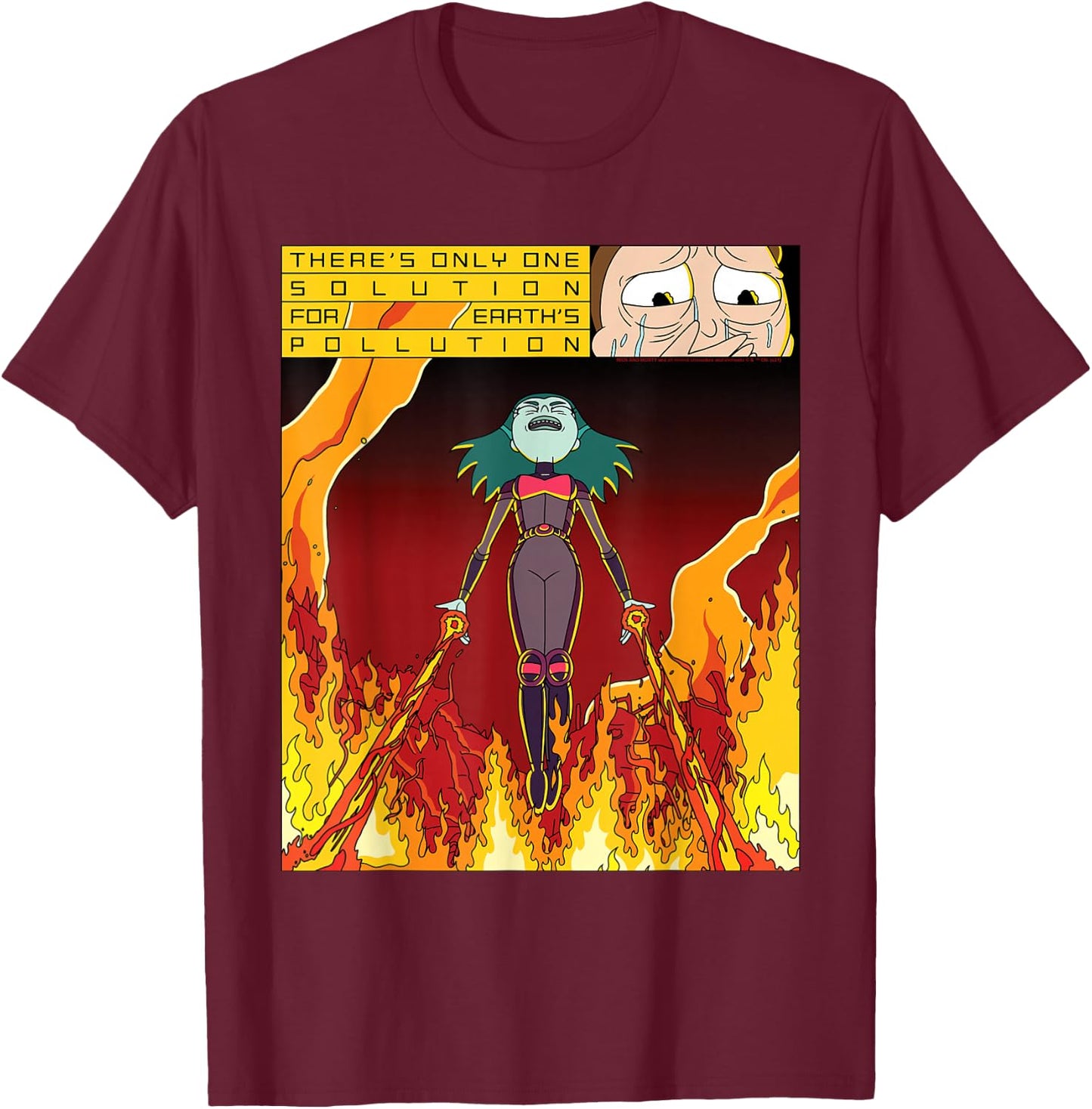 Rick and Morty Planetina's Fiery Solution for Pollution T-Shirt - T-Shirt | Maroon