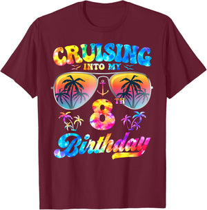 Tie-Dye Cruising Into My 8th Birthday Cruise 8 Years Old T-Shirt - T-Shirt | Maroon
